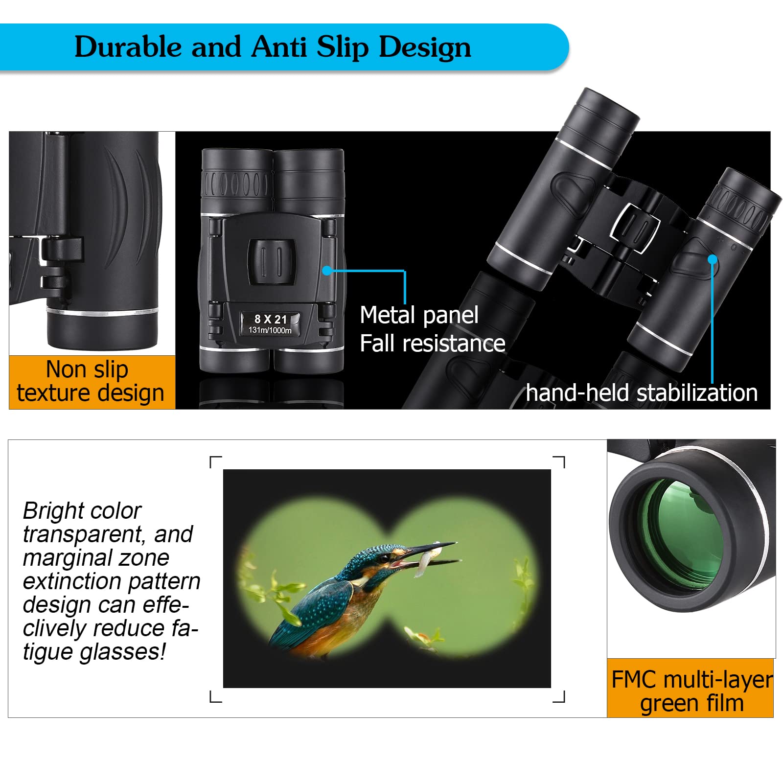 Anourney 8X21 Mini Compact Pocket Binoculars, Lightweight Foldable Easy Focus Small Binoculars For Adults Kids Bird Watching,Opera Concert, Travel, Hiking, Outdoor Scenery, Football Game