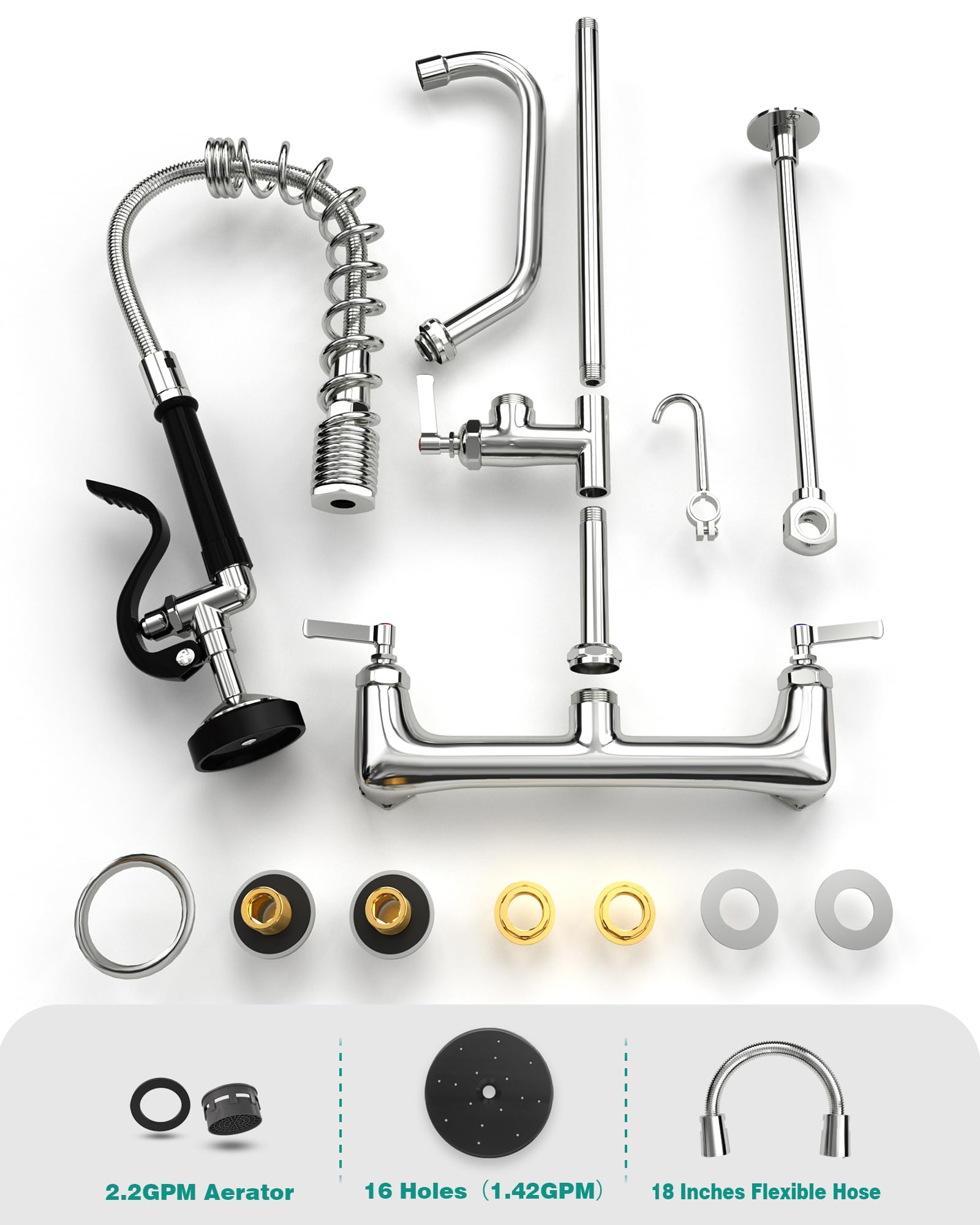 Bestjeef Commercial Wall Mount Kitchen Sink Faucet Brass Constructed Polished Chrome Pre-Rinse Device 25" Height 8" Center With Spring Pull Down Sprayer And 12" Add-On Spout (25 Inches)