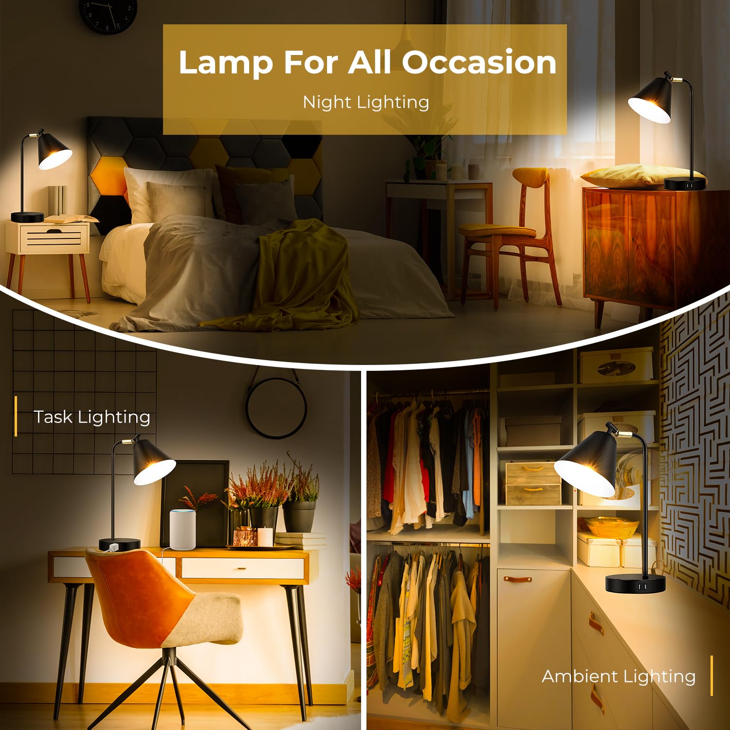Brightever Industrial Dimmable Desk Lamp With 2 Usb Charging Ports Ac Outlet, Touch Control Bedside Nightstand Reading Lamp Flexible Head, Black Metal Table Lamp For Bedroom Office Living Room, Bulb Included