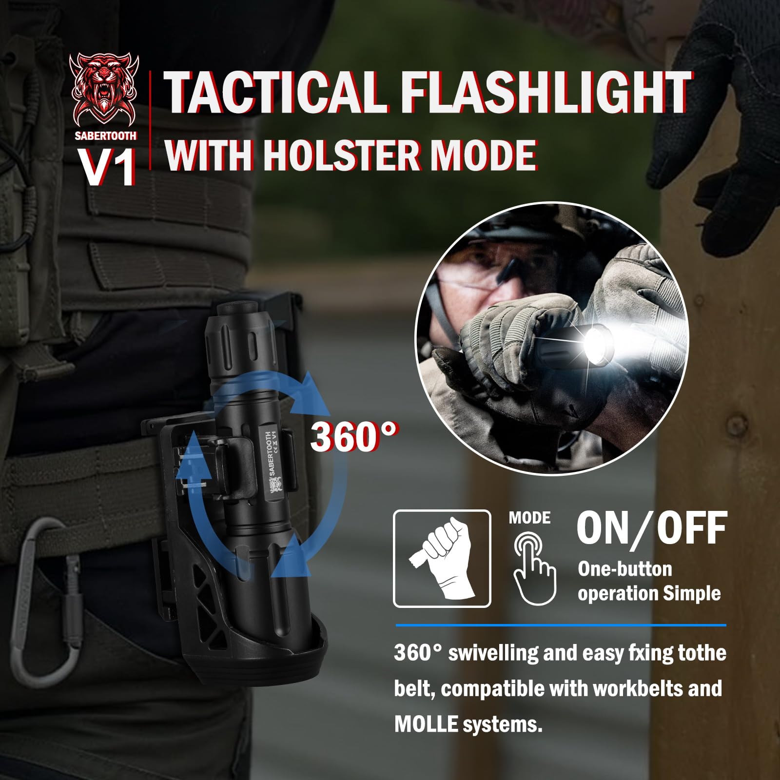 Sabertooth Police Tactical Flashlight-2200 High Lumen Duty Belt Flashlight For Law Enforcement Defense Single Mode Flashlight With Holster Tactical Gear Safety Accessories(Black)