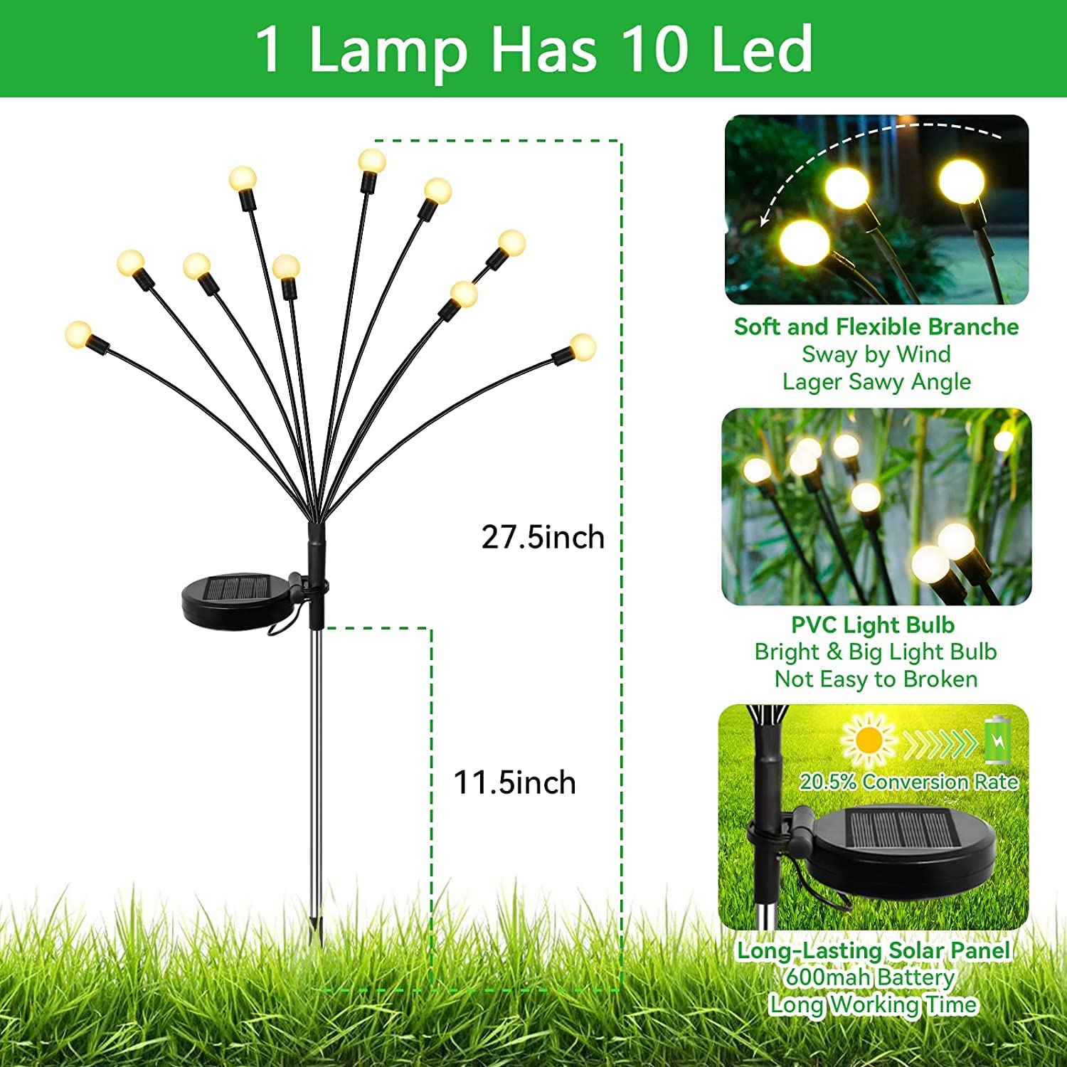 Rgjgtgsw Solar Garden Lights - 2 Pack 20Led Firefly Lights Solar Outdoor Waterproof Solar Swaying Light, 2 Lighting Modes Solar Lights For Yard Patio Garden Decor (Warm White)