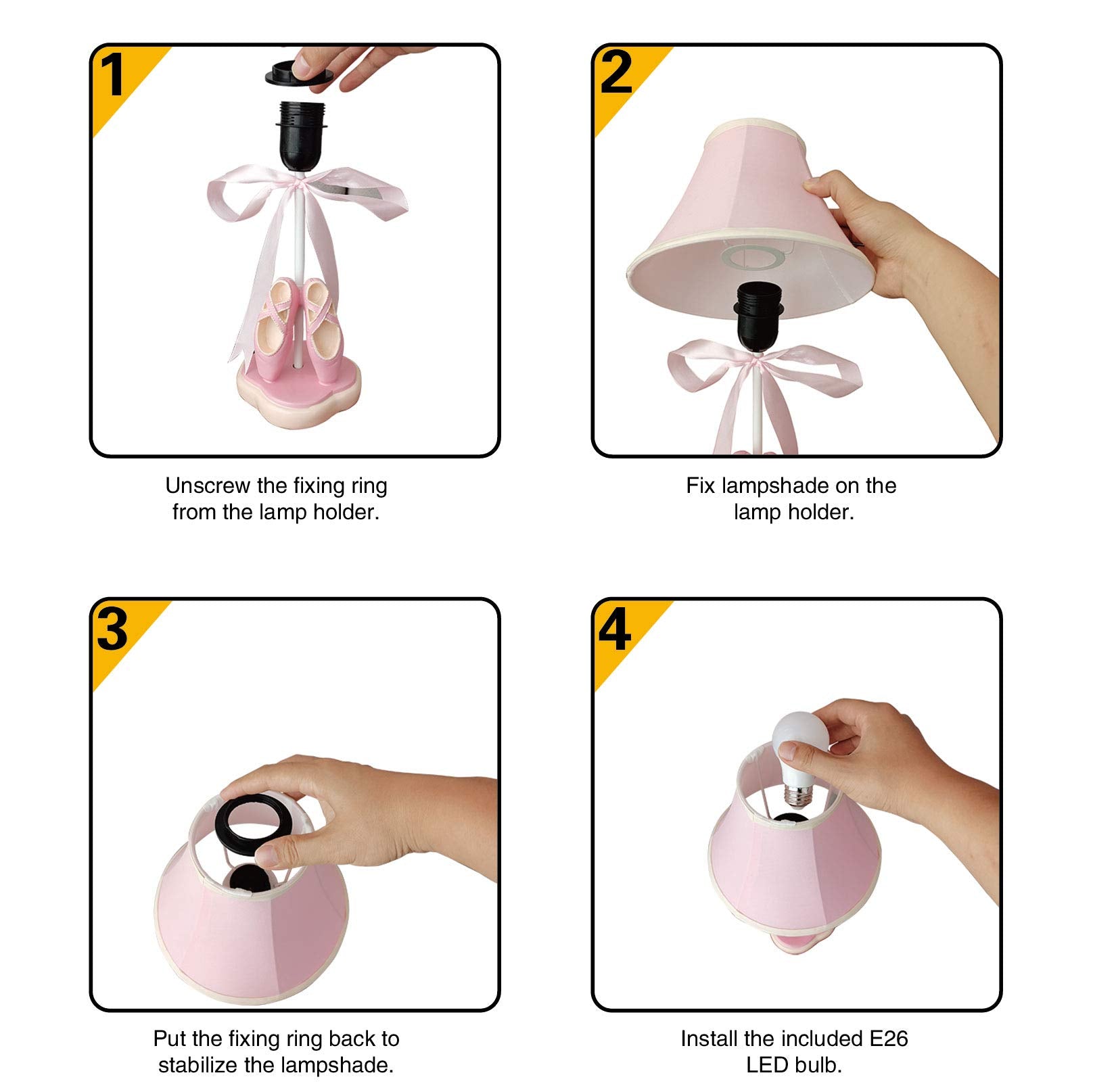 Herbestbay Cozylight Bedside Lamp, Pink Dancing Shoes Design, 14Inch Tall Table Lamp With Fabric Stitch Shade For Girl’S Bedroom Décor, Including An E26 Led Bulb (Push Button)