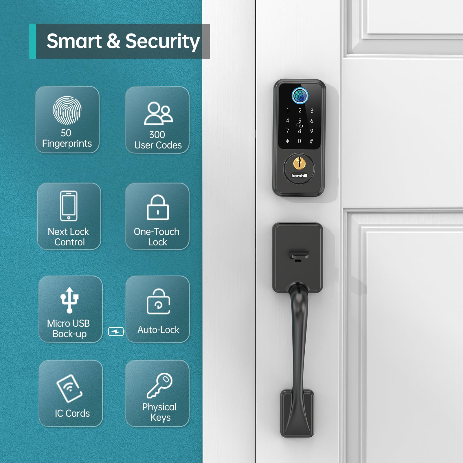 Hornbill Smart Lock Front Door - Keyless Entry Door Lock With Handle Set, Smart Deadbolt For Front Door, Bluetooth Fingerprint Biometric Auto Lock For  House, Airbnb, Office, Appartment