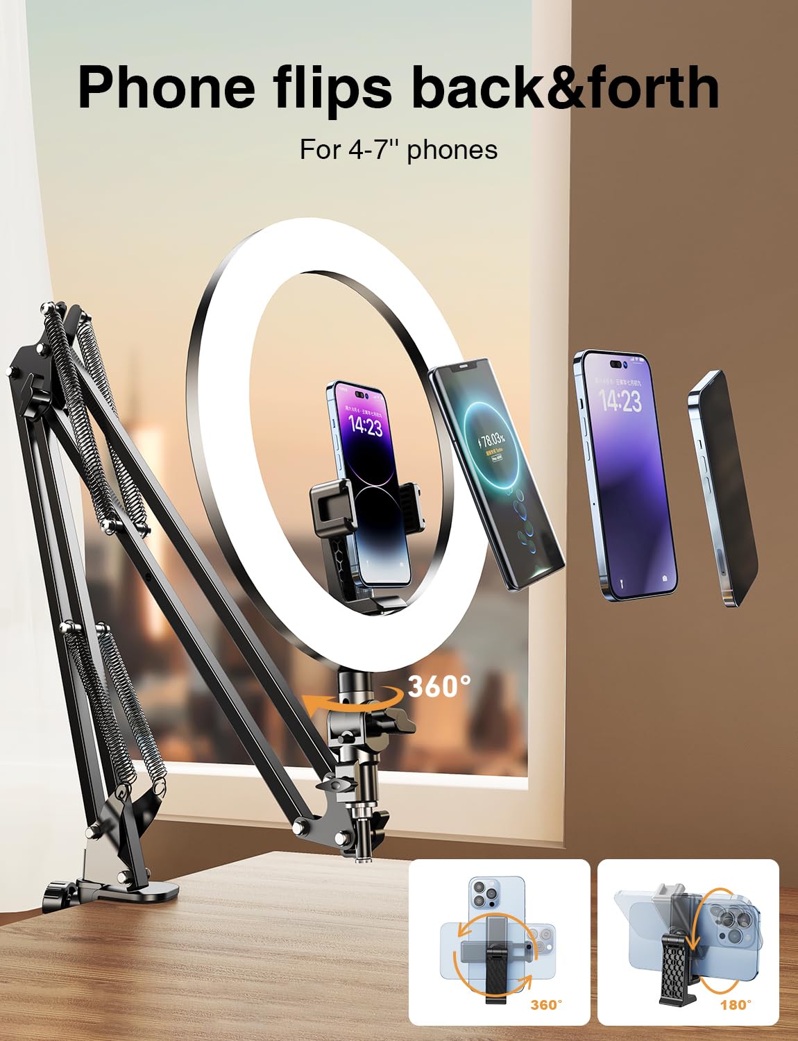 Atkttop 10.5'' Ring Light With Overhead Phone Mount [Anti-Shaking] Adjustable Led Selfie Circle Light Stable Iphone Desk Stand & Holder For Video Recording, Clamp Tripod For Live Stream,Tiktok,Youtube