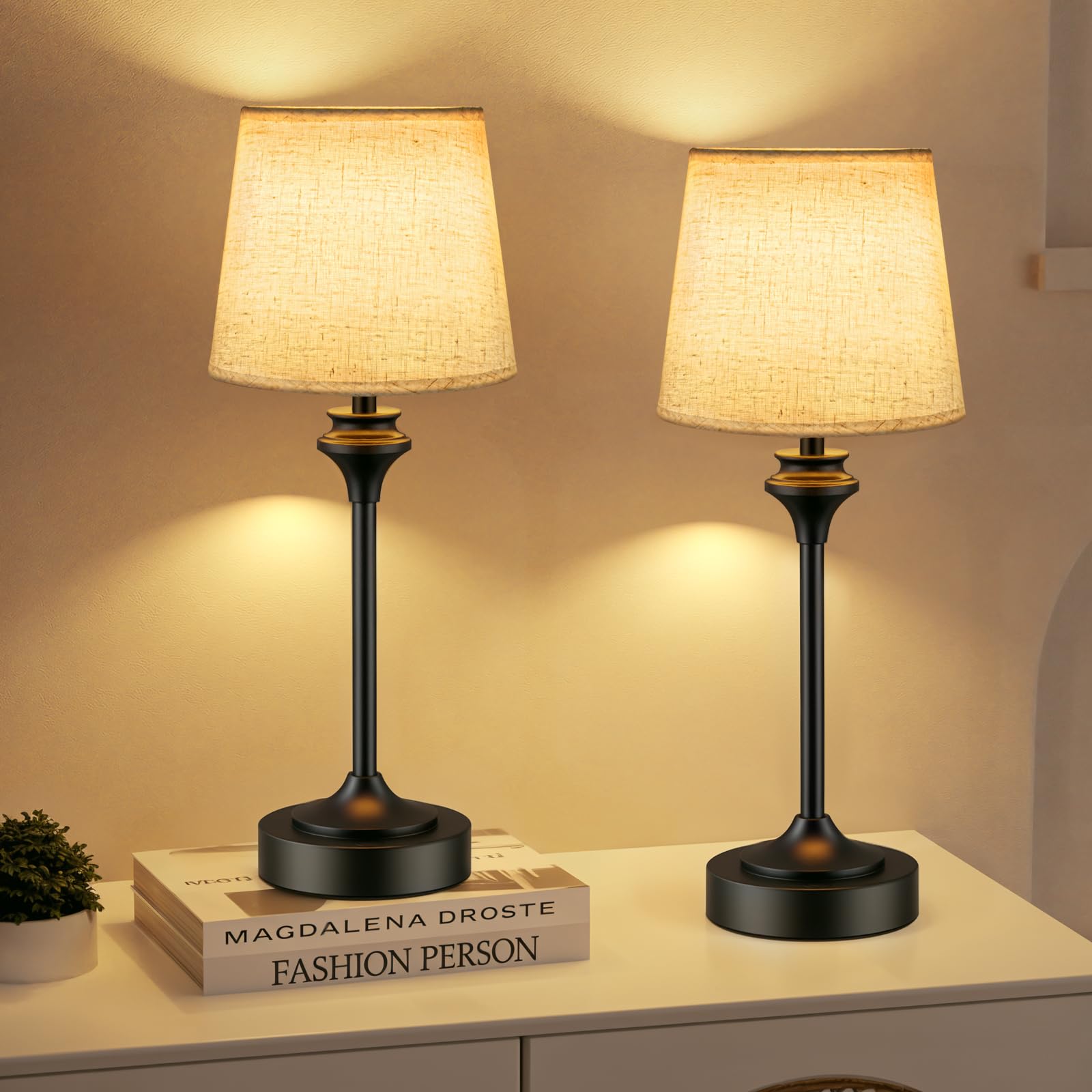 Niorsun Portables Cordless Table Lamp Set Of 2,Flaxen Fabric Shade Battery Operated Lamp, Bedside Table Lamp With Warm White,3 Way Dimmable Touch Desk Lamp For Bedroom Living Room Restaurant (Black)