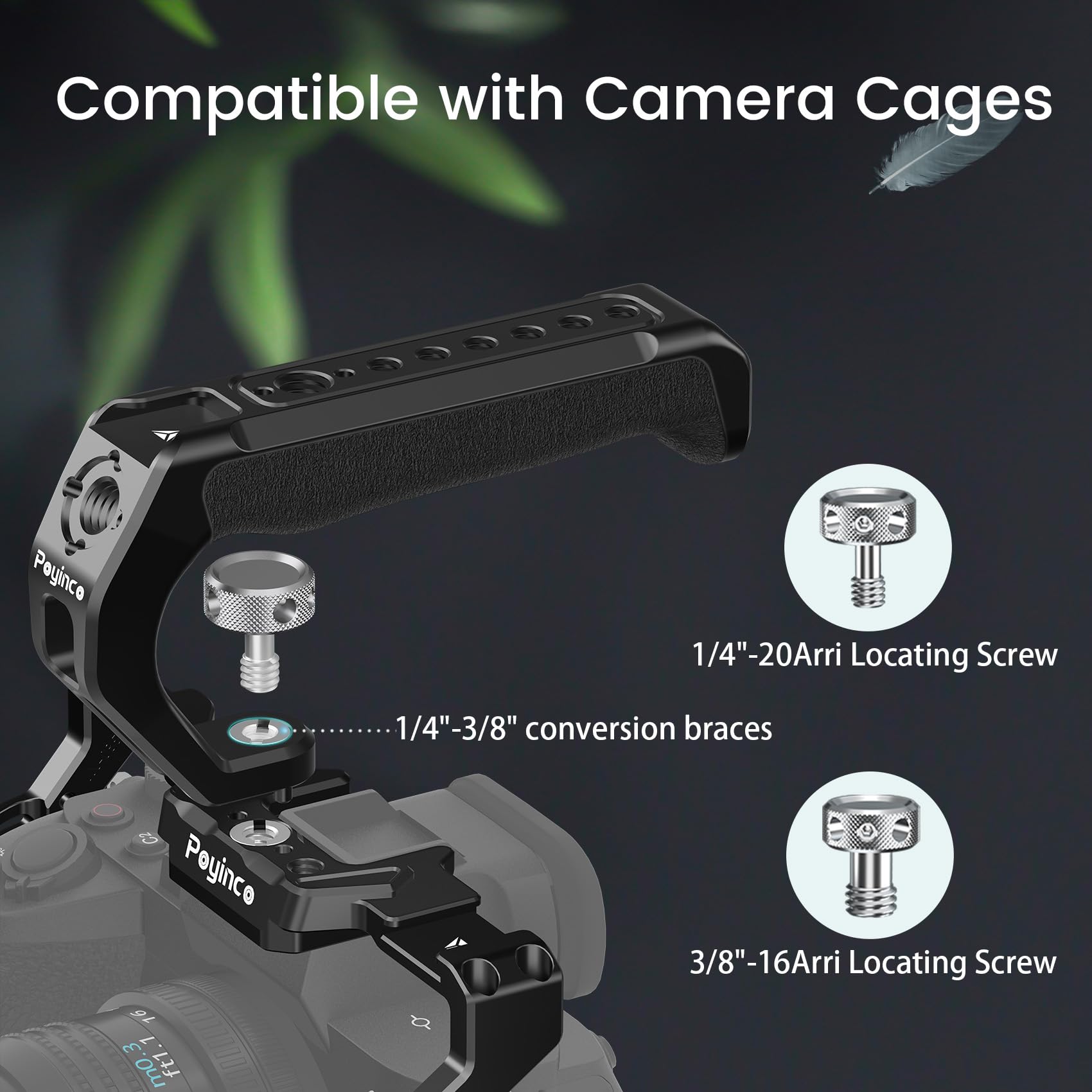 Poyinco Top Handle With 1/4" Threaded Stud 3/8" Threaded Stud With Arri Dowel Pin, Silicone Handle With 1/4" 3/8" Thread And 2 Cold Shoes Jn-107B