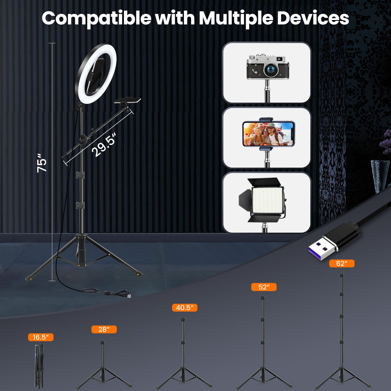 Luxsure Ring Light With Stand For Phone, Ring Light Tripod For Iphone With Light, Overhead Camera Mount 10.5" With Remote, Phone Tripod With Light For Video Recording/Live Streaming/Cooking