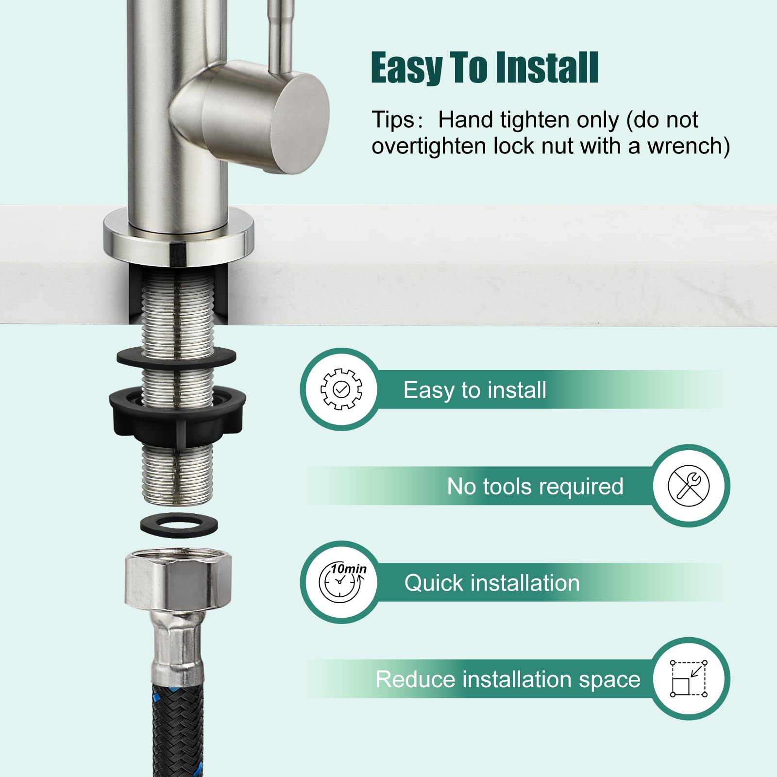 Heyalan Brushed Nickel Kitchen Faucet Cold Water Only 1 Hole Single Handle 360 Degree Swivel Spout Deck Mount High Arc Sus304 Sink Bar Tap Goose Neck With Hose And Longer Thread Pipe