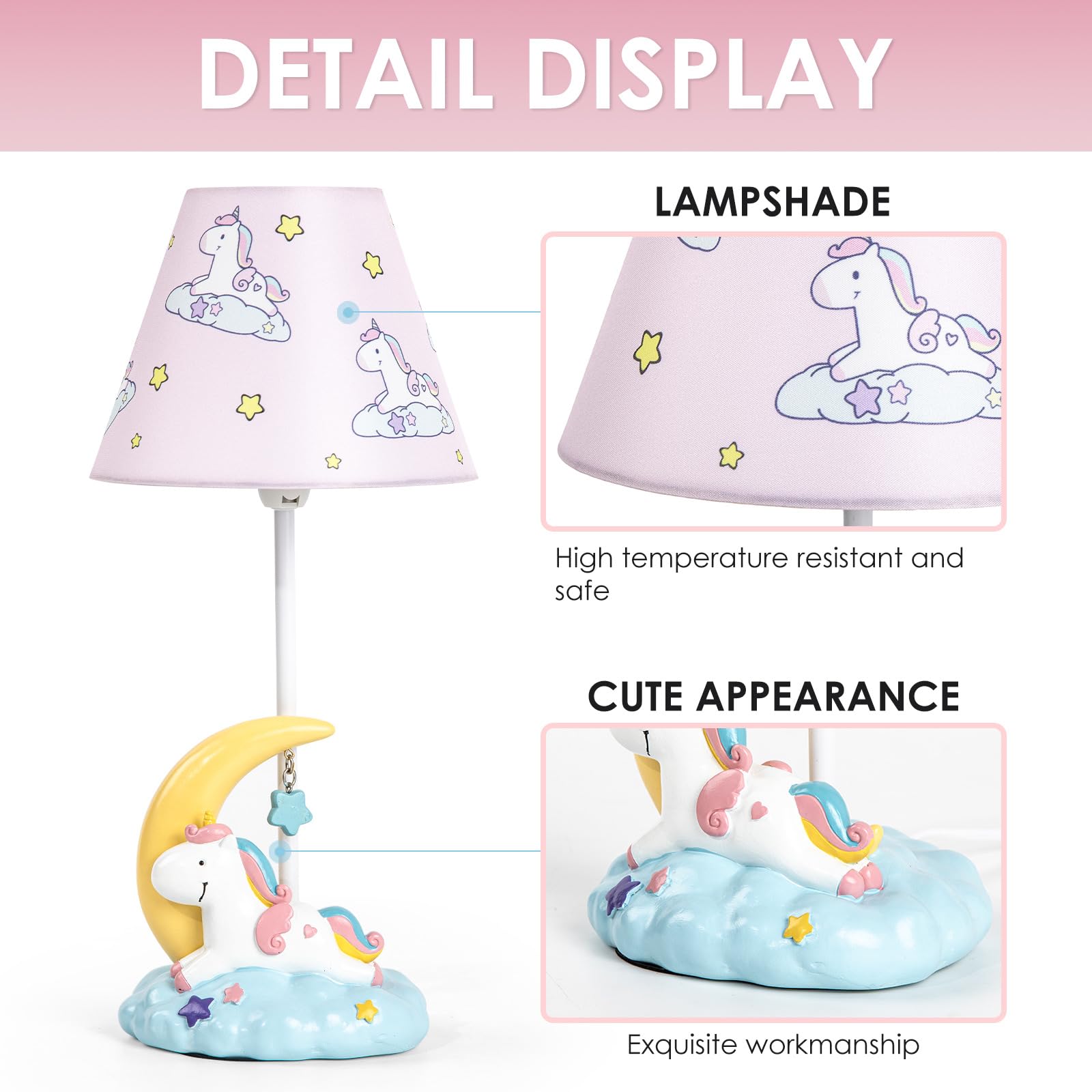 Herbestbay Kids Table Lamp, Adorable Moon Unicorn Style Desk Lamp, 16 Inch Pink Bedside Lamp Ideal For Girls Bedroom Decor, Includes Led Bulb