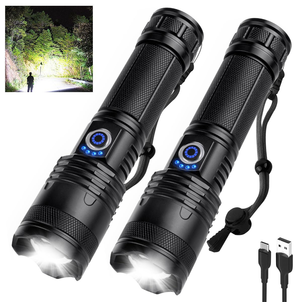 Qopoyu Led Rechargeable Flashlights High Lumens Flash Light, 990,000 Lumens Super Bright Powerful Tactical Flashlight, 5 Modes Ipx6 Waterproof Handheld Flashlights For Camping Emergencies