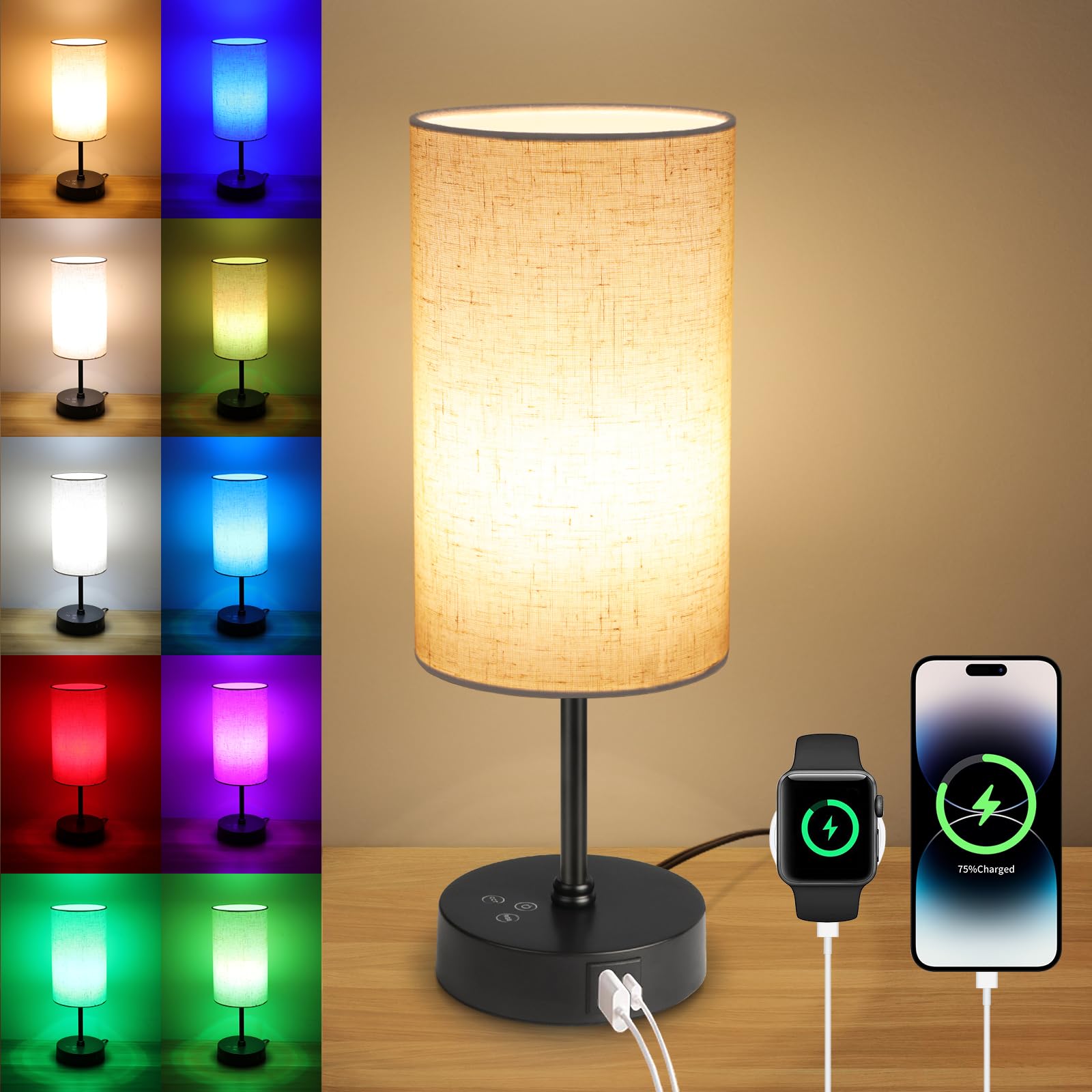Ascher Rgb Table Lamp Color Changing - 3 Color Temperatures And Stepless Dimmable Small Bedside Lamp For Bedroom, Touch Control Nightstand Light With Flaxen Shade For Reading Home Decor Lights