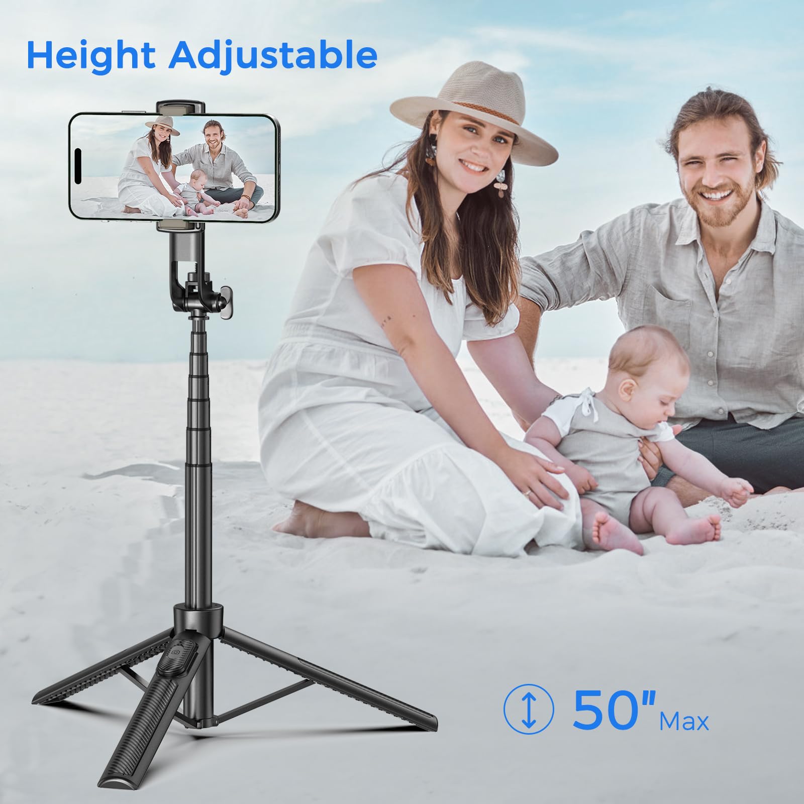 Liphisy Selfie Stick Travel Tripod For Cell Phone With Remote Control And Phone Holder, Extendable Selfie Stick For Iphone, Iphone Tripod For Video Recording, 50 Inch, Black