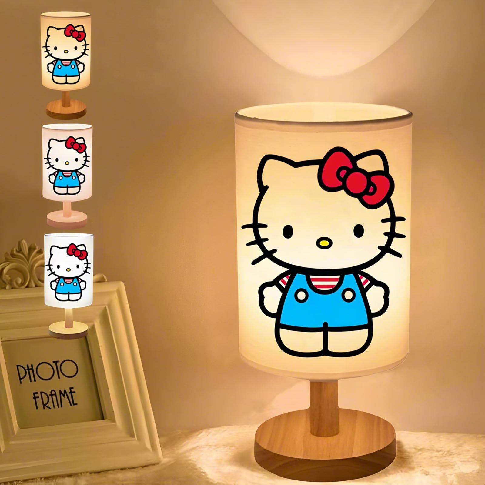 Dai-Congyue Kitty Bedside Table Lamp For Bedroom,Kitty -3 Colors Nightstand Night Light Lamp With Led Bulb,Wood Base Round Flaxen Fabric Shade Desk Reading Lamp For Kids Room,Holiday For Girls Boys (B)