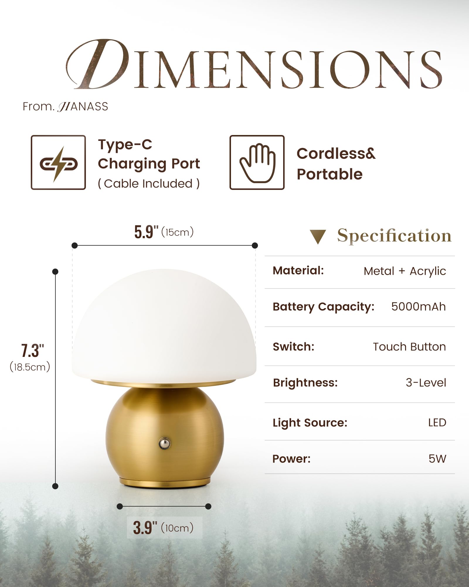 Hanass Mushroom Lamp Small Lamps, Cute Mini Cordless Lamps, Rechargeable Table Bedside Nightstand Lamp Dimmable For Bedroom With Gold Base, Mt2319-B