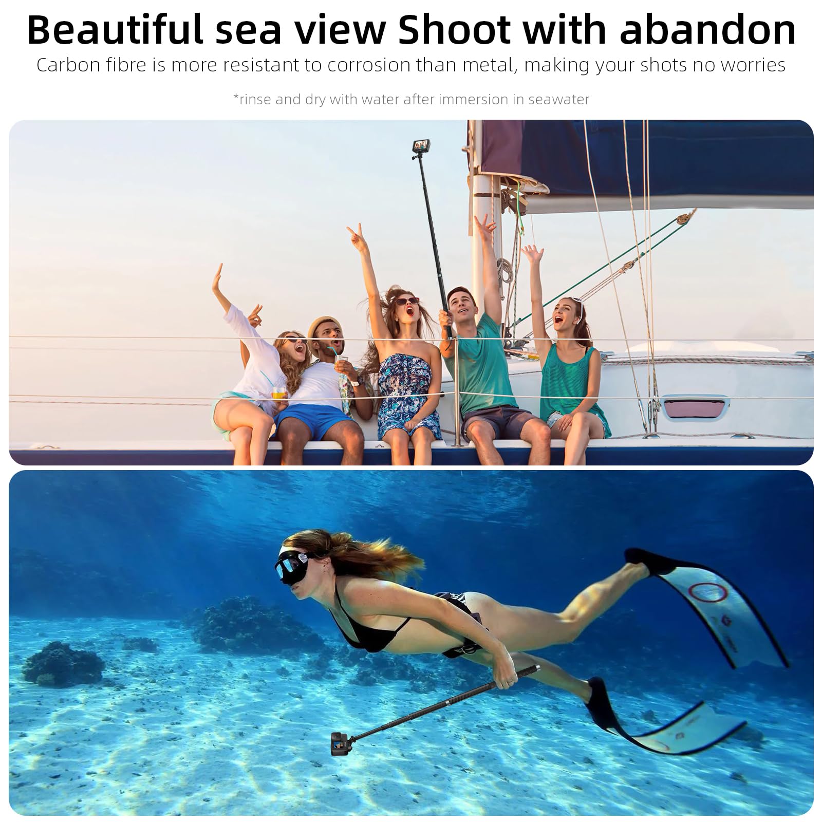 Reygeak 59 Inch Selfie Stick Long Invisible Pole For Gopro 13 Carbon Fiber Waterproof Extension Monopod For Gopro Hero 13/12/11/10/9 Osmo Pocket 3/ Action 5 Pro/4/3 Accessories.