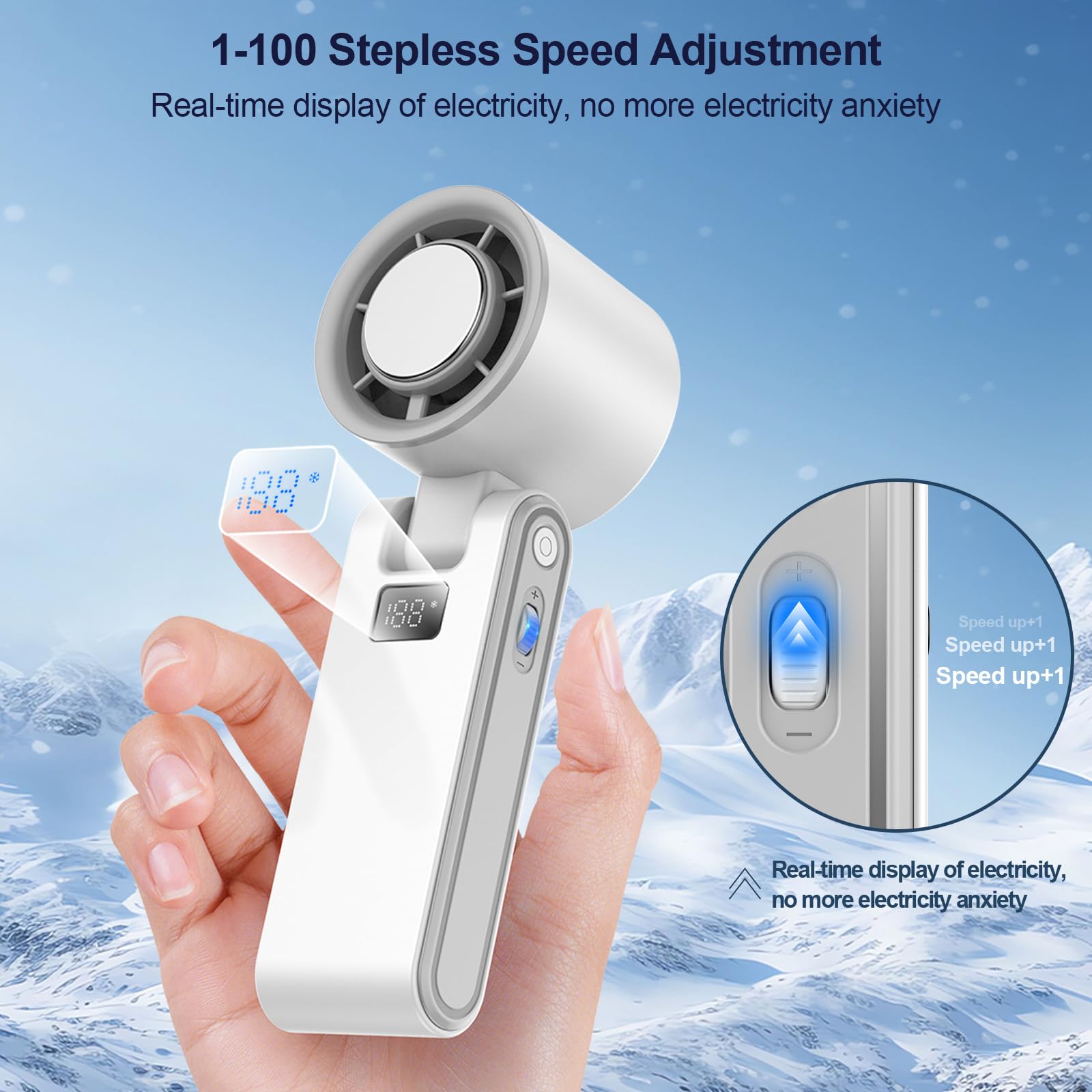 Portable Handheld Turbo Fan, Dual-Model 100 Gear Wind Foldable Personal Hand Fan Support Cold Air