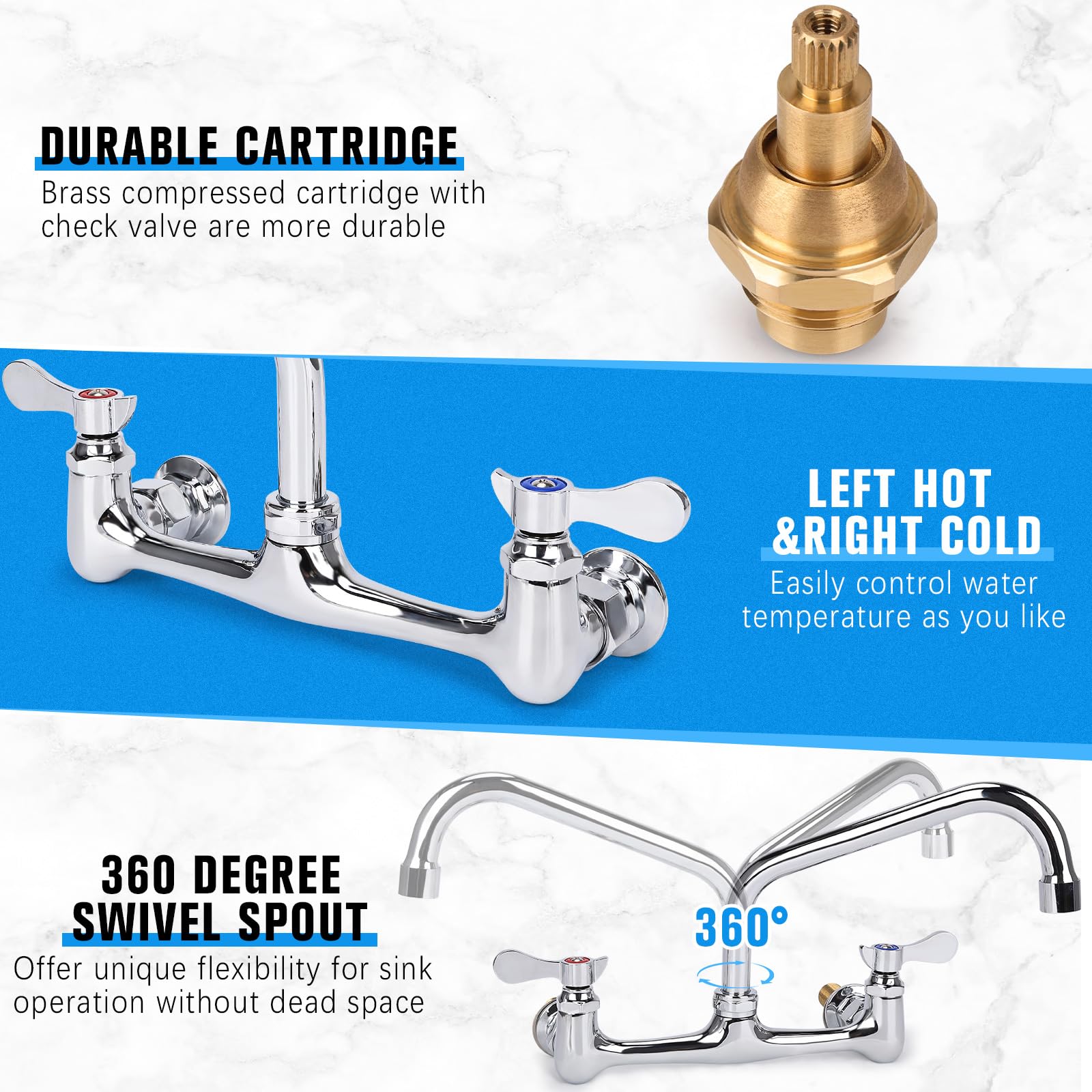 Bietor Wall Mount Kitchen Faucet 8" Center Commercial Sink Faucet With 8” Swivel Spout Dual Handles Brass Utility Sink Faucet For Laundry Room Restaurant Polish Chrome