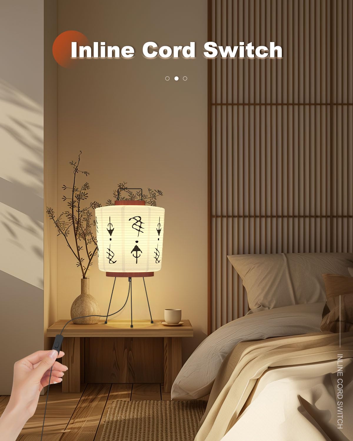 Tacahe Handmade Akari Table Lamp - Japanese Washi Paper Lantern - E26 Socket With Inline Cord Switch - 3 Color Temperature Bulb Included - Japandi Style Ambient Light - 21" Height
