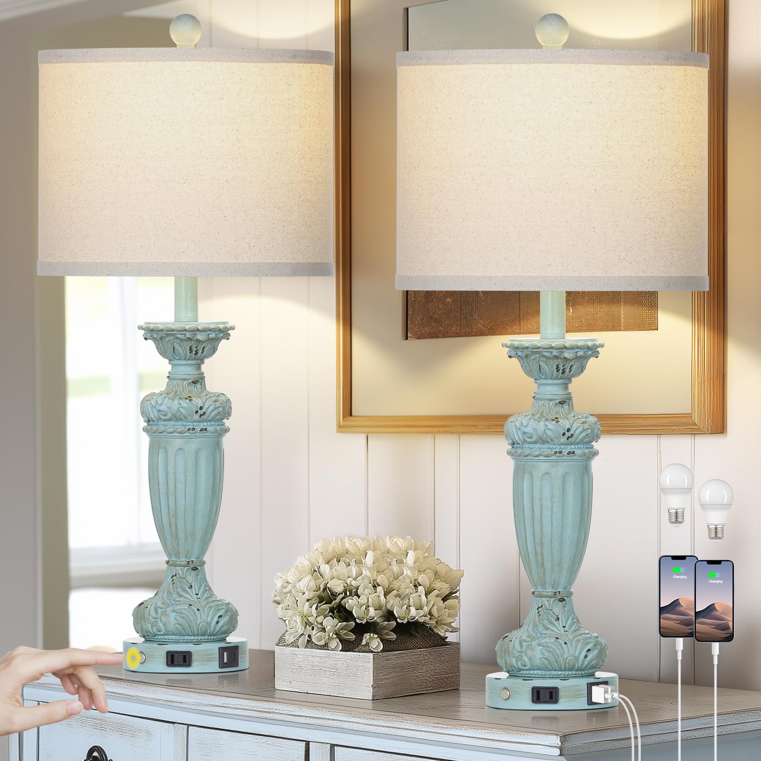 Rinweey 27.5" Farmhouse Resin Table Lamps Set Of 2 For Living Room 3-Way Dimmable Table Lamp With Usb C+A Ports,Light Blue Desk Lamps,Traditional Bedside Lamps Use For Bedroom Nightstand (Blue)