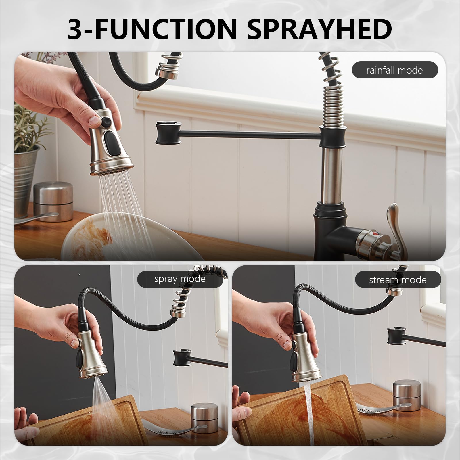 Bwe Kitchen Sink Faucet Pull Down Sprayer Spring 3 Function Kitchen Faucet High Arc Farmhouse Commercial Bar Kitchen Faucets Brushed Nickel With Oil Rubbed Bronze