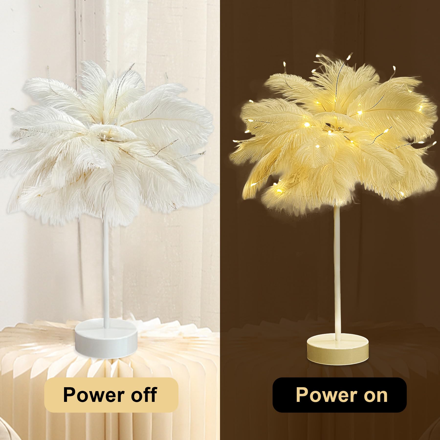 Iticdecor Ostrich Feather Lamp Metal Table Lamp Led Decorative Atmosphere Night Lights Bedside Lamps For Home Party Wedding Decoration For Dad Mom Wife Girlfriend Teen Girls(White)