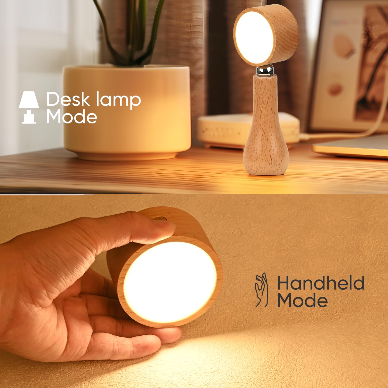 Moroommt Wooden Small Bedside Table Lamp, Portable Touch Switch Cordless Lamp, Rechargeable Battery Operated Desk Lamps For Bedrooms, Stepless Dimming, 360° Rotate Magnetic Ball, Night Light For Birthday