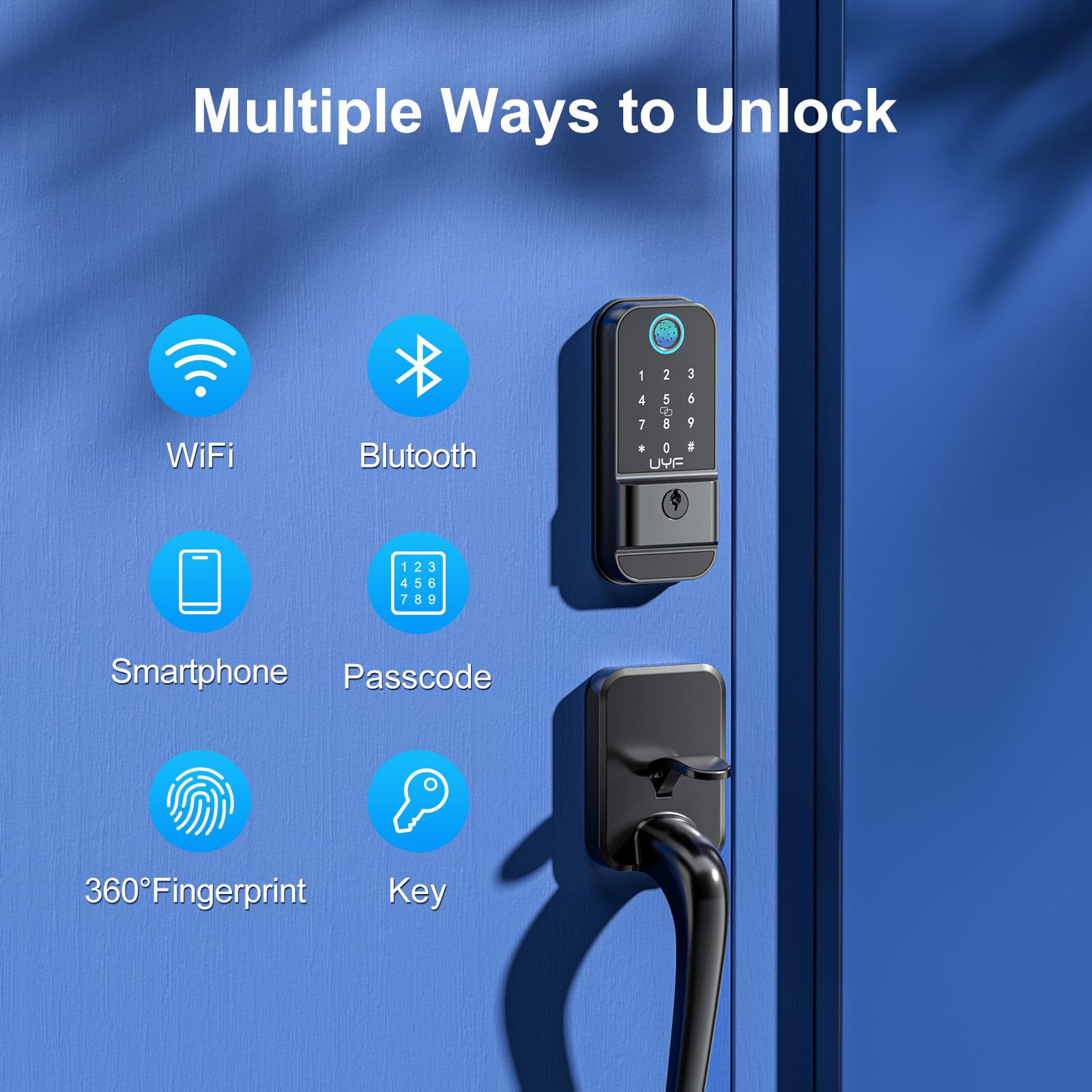 Uyf Wifi Front Door Lock Set: Keyless Entry Door Lock Deadbolt With Handle Set, Smart 360° Biometric Fingerprint Touchscreen Locks, Includes Gateway, Alexa Bluetooth App Control, Aluminum Alloy,Black