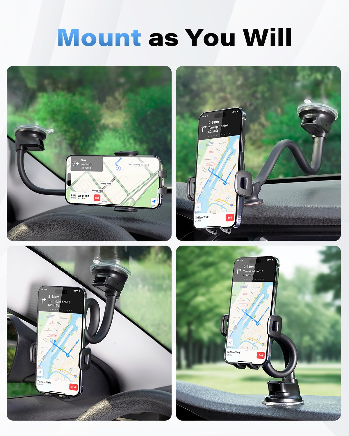1Zero Solid Car Truck Phone Mount Holder With 14-Inch Gooseneck Long Arm, Windshield Window Mobile Holders W/Industrial-Strength Suction Cup, Anti-Shake Stabilizer Compatible All Cell Phones Iphone