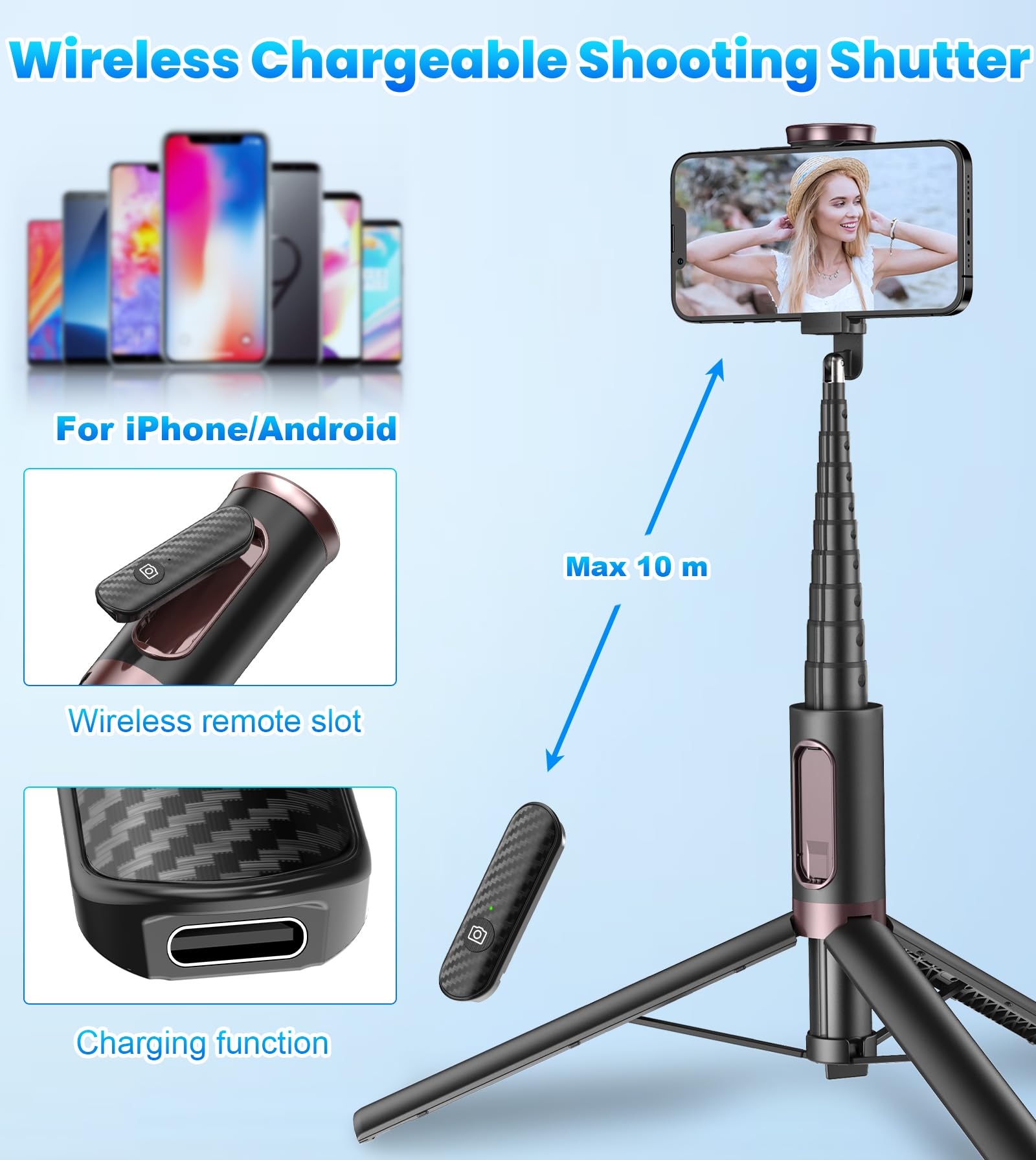 Toneof 67" Cell Phone Selfie Stick Tripod,Smartphone Stand All-In-1 With Integrated Wireless Remote,Portable,Lightweight,Extendable For Iphone/Android(Black)