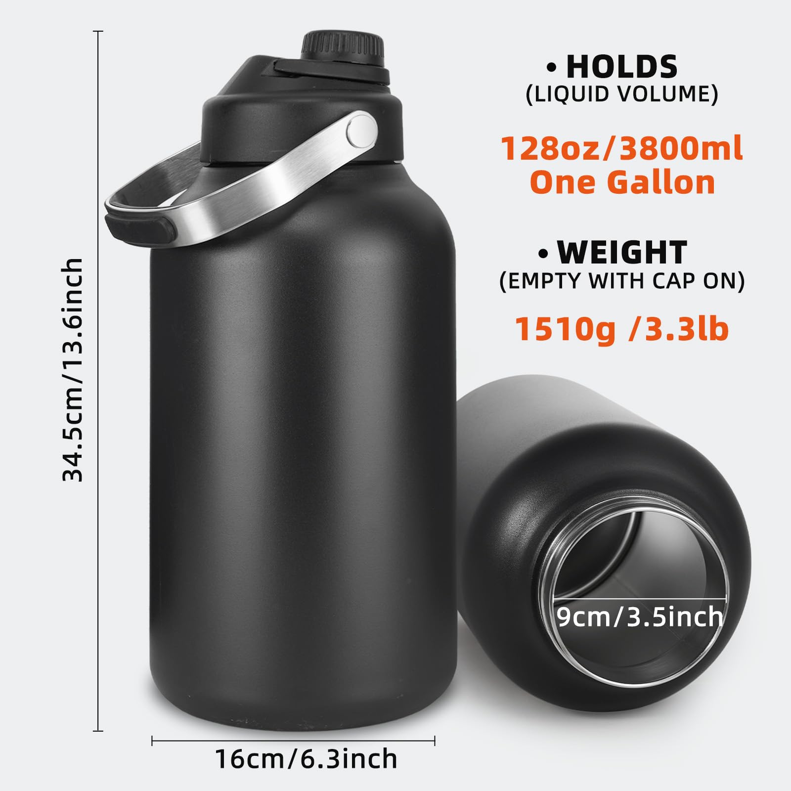One Gallon Water Bottle, 128Oz Stainless Steel Insulated Water Bottle For Hot & Cold Drinks
