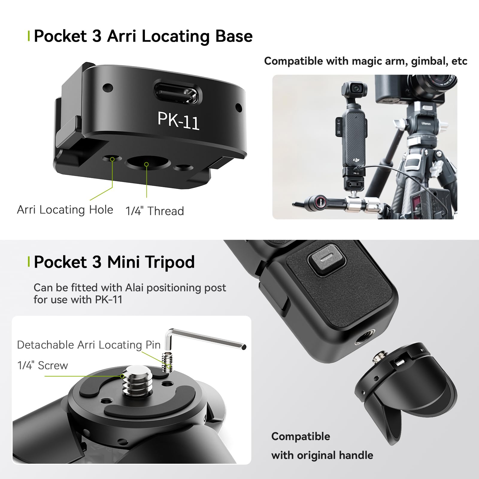 Ulanzi Pocket 3 Mini Tripod Kit For Dji Osmo Pocket 3 Accessories W Quick Release, Type-C Full-Function Port Charging Adapter Base For Dji Osmo Pocket 3 With 1/4 Screw Hole(Pk-08 & Pk-11)