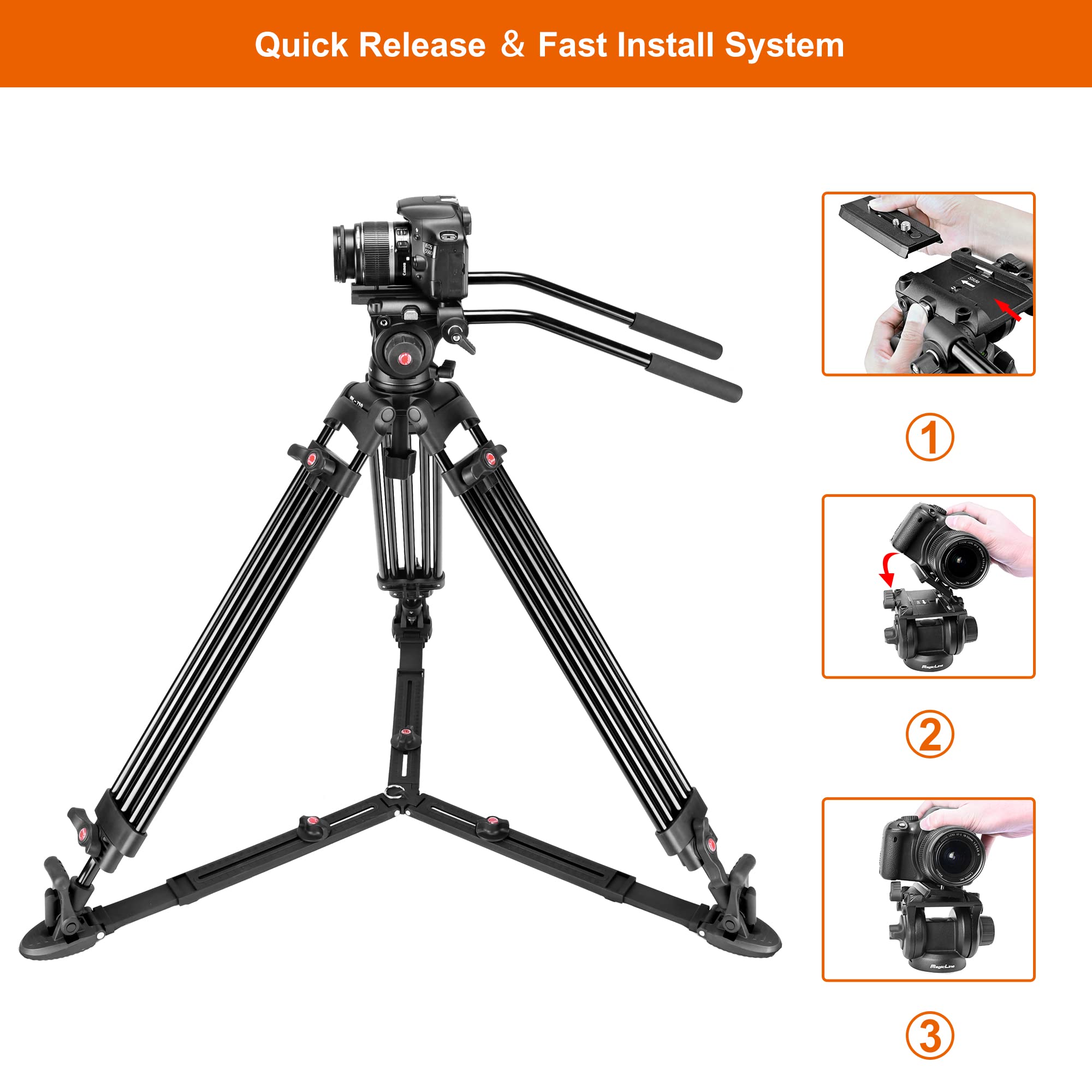 Magicline 68.7 Inch Heavy Duty Aluminum Video Camera Tripod With Fluid Head, 2 Pan Bar Handles, Adjustable Ground Spreader,Qr Plate, Max Load 26.5 Lb For Canon Nikon Sony Dslr Camcorder Cameras