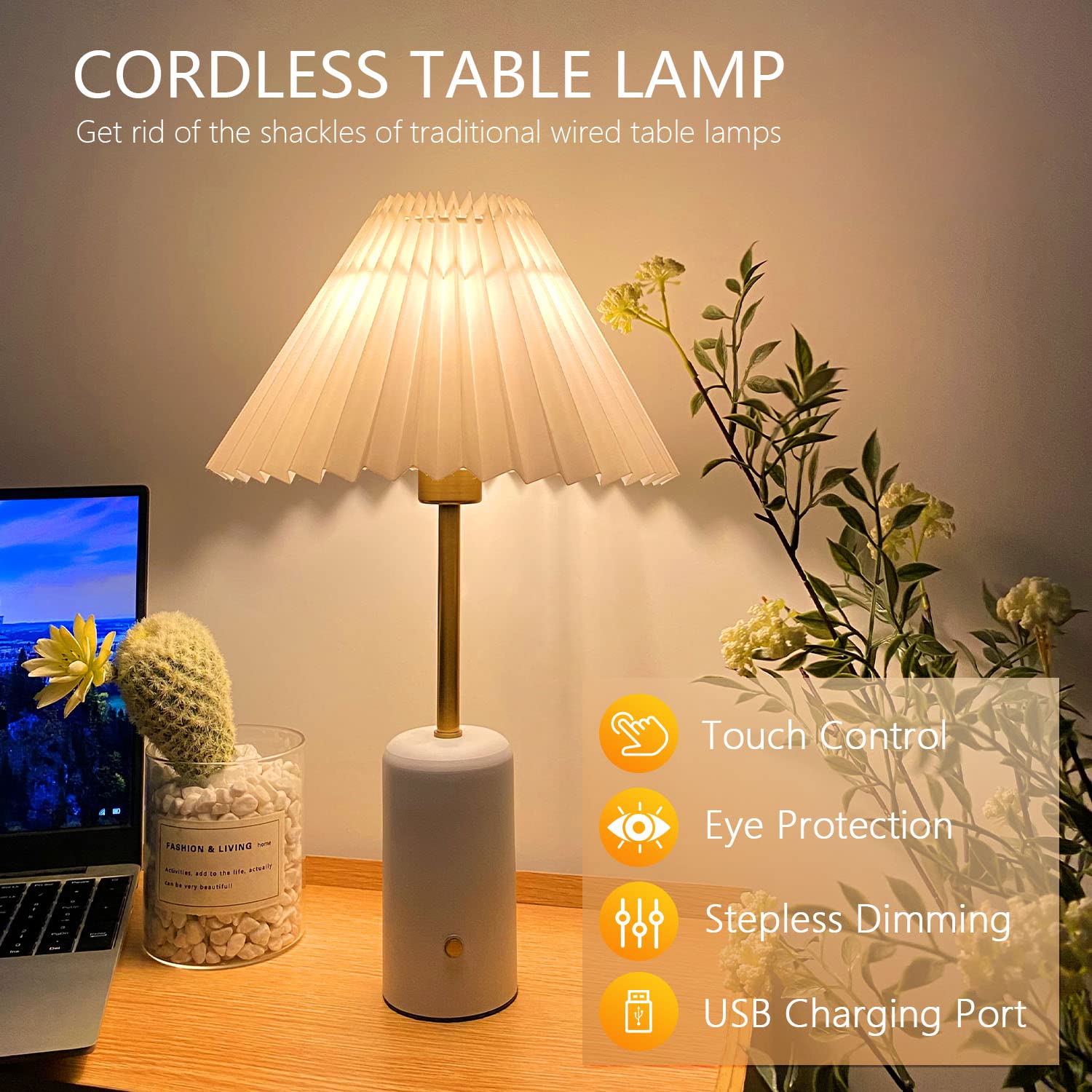 Chloranthus Cordless Table Lamp, Touch Control Stepless Dimming, 5000Mah Rechargeable Battery Pleated Desk Lamp For Bedroom/Bedside/Living Room/Kids Room With G45 Led Bulb (White)