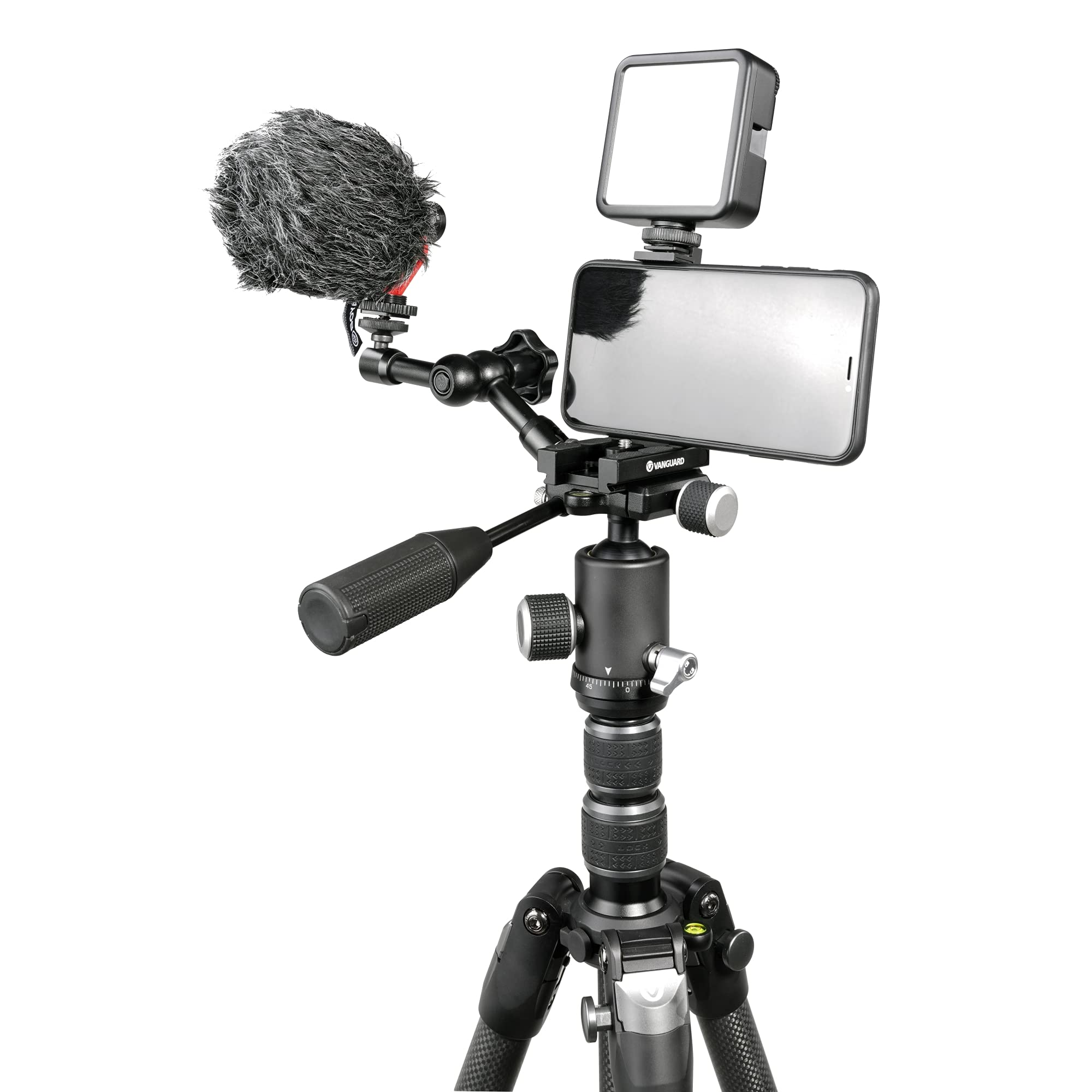 Vanguard Veo3T265Hcbp Carbon Fiber Travel Tripod With Ball Head, Removeable Pan Handle, And Quick Shoe With Built-In Smartphone Holder