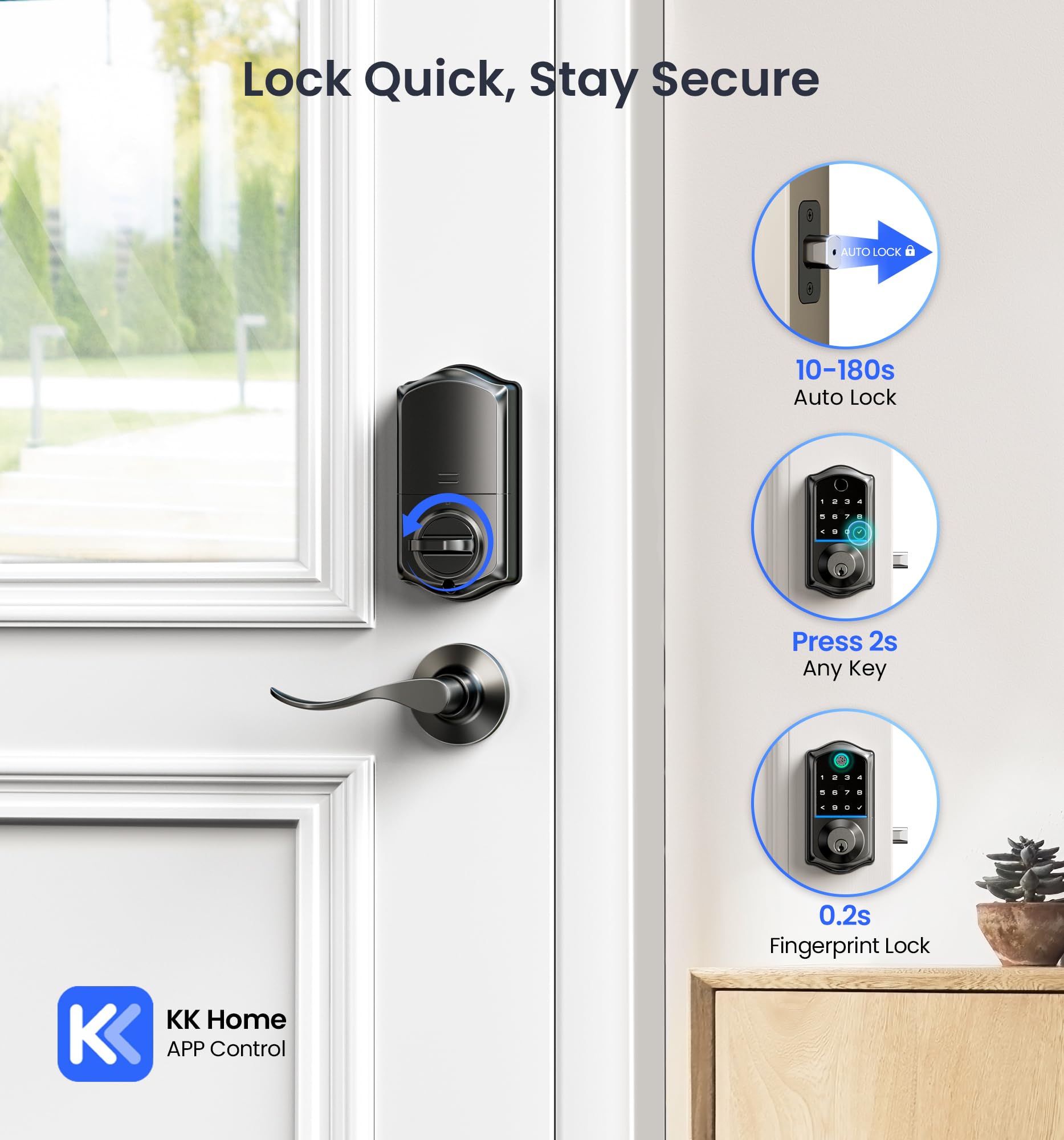 Veise Ve017-L Fingerprint Smart Lock With 2 Lever Handles, Keyless Entry Front Door Lock Set, App Control, Electronic Digital Keypad Deadbolt, Easy Installation, Emergency Power Port, Matte Black