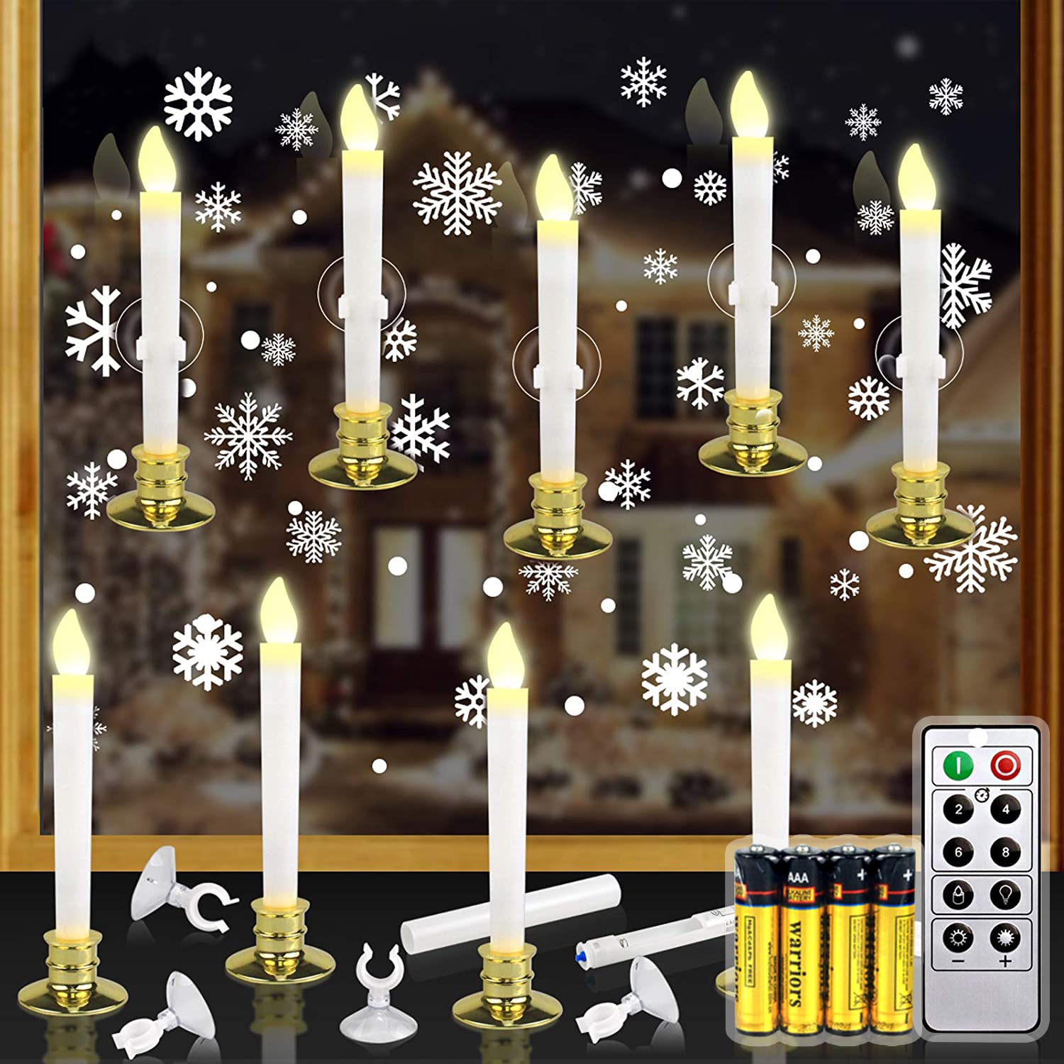 Kithouse 10 Set Christmas Window Candles Lights With Timer Battery Operated Electric Led Taper Candles Flameless For Windows, Gold Candle Holders, Suction Cups & 20 Pcs Battery Included (10 Set)
