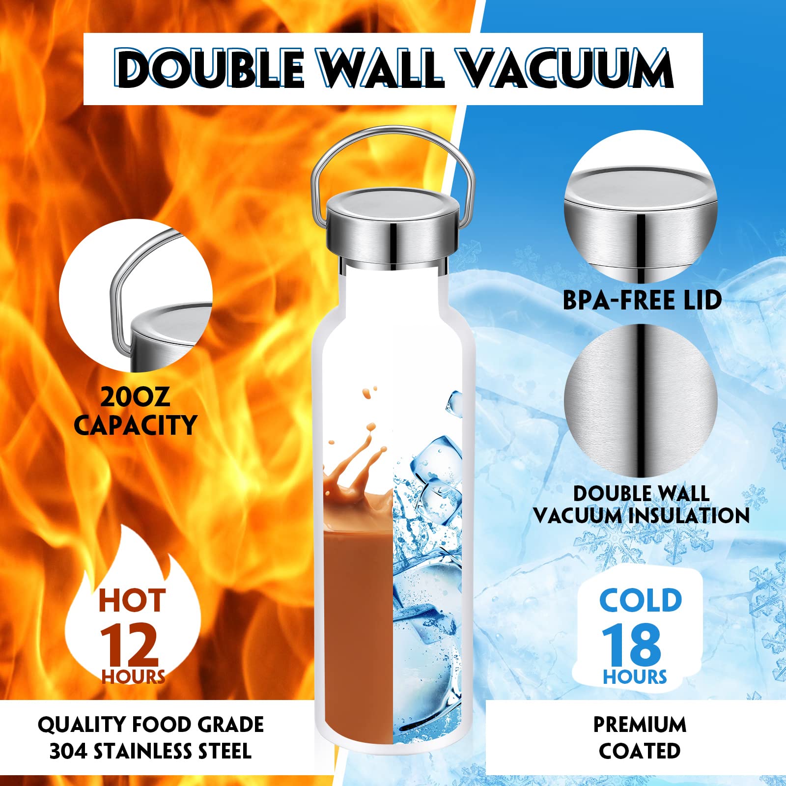 10 Pack Insulated Water Bottle 20 Oz Stainless Steel Sport Bottle Bulk Double Wall Metal Reusable