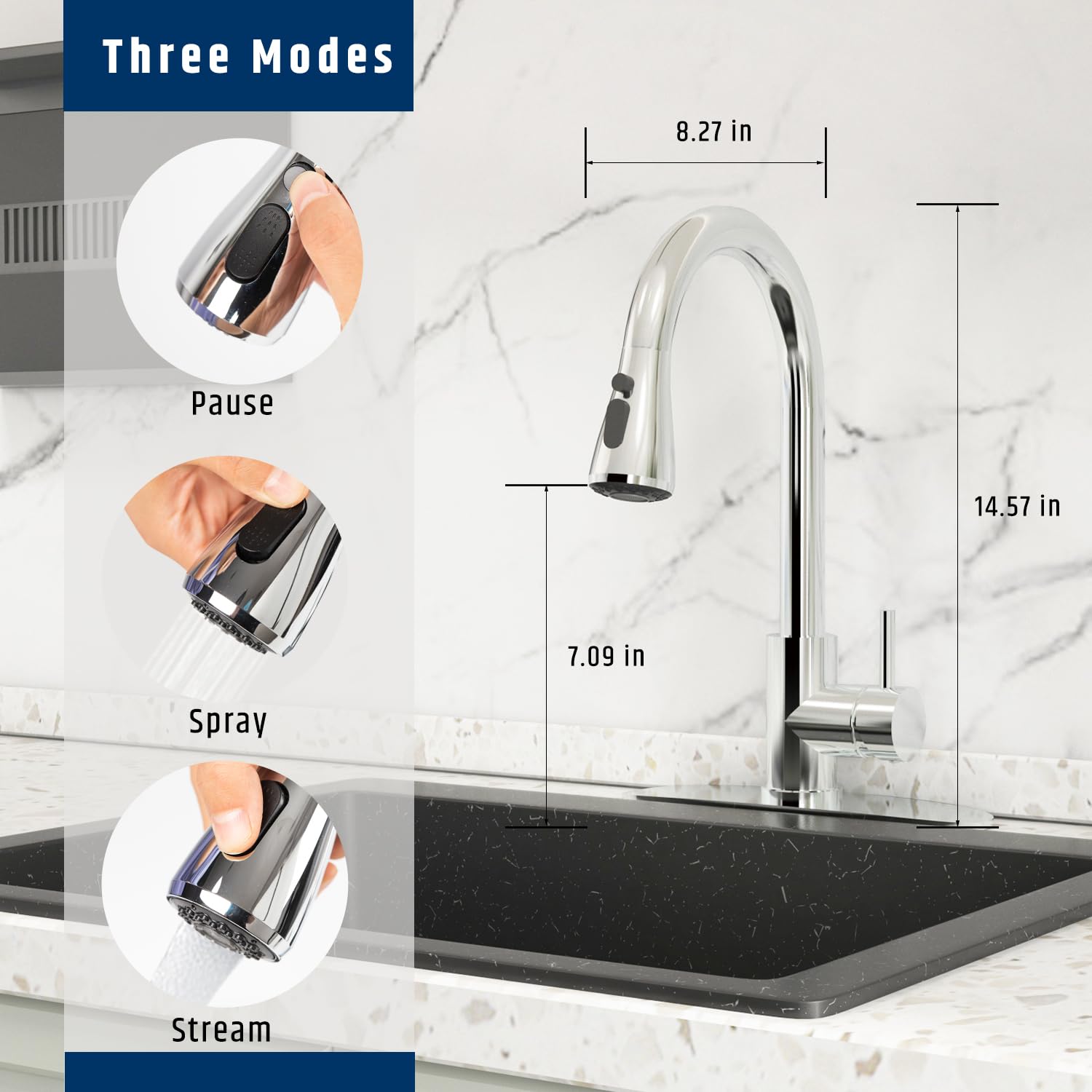 Blovtoo Polished Chrome Kitchen Faucet With Pull Down Sprayer For Single Hold And 3 Hole, Commercial High Arc Single Handle Kitchen Faucet With Deck Plate For Kitchen Sink, Sus 304 Stainless Steel
