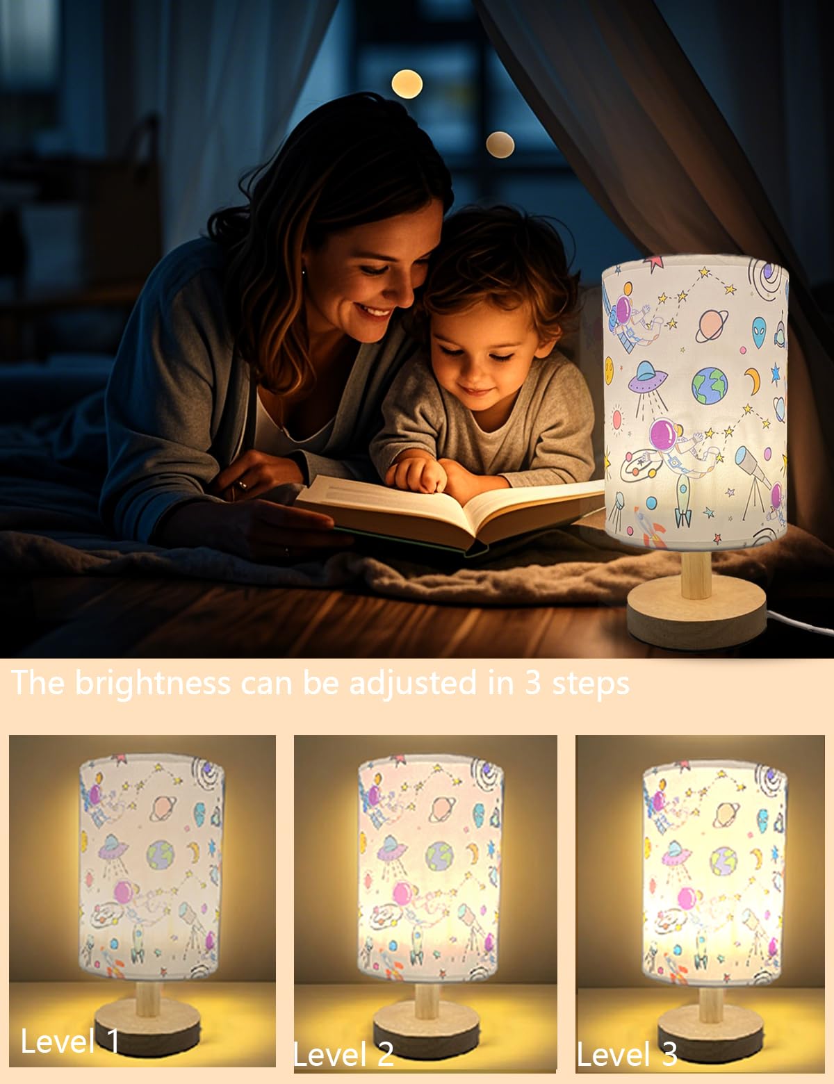 Gftdns Astronaut Kids Table Lamp, Astronauts Room Decor For Boys,3 Level Dimmable Wood Nightstand Desk Base Flaxen Fabric Shade For Bedroom Living Room,Astronauts For Boys