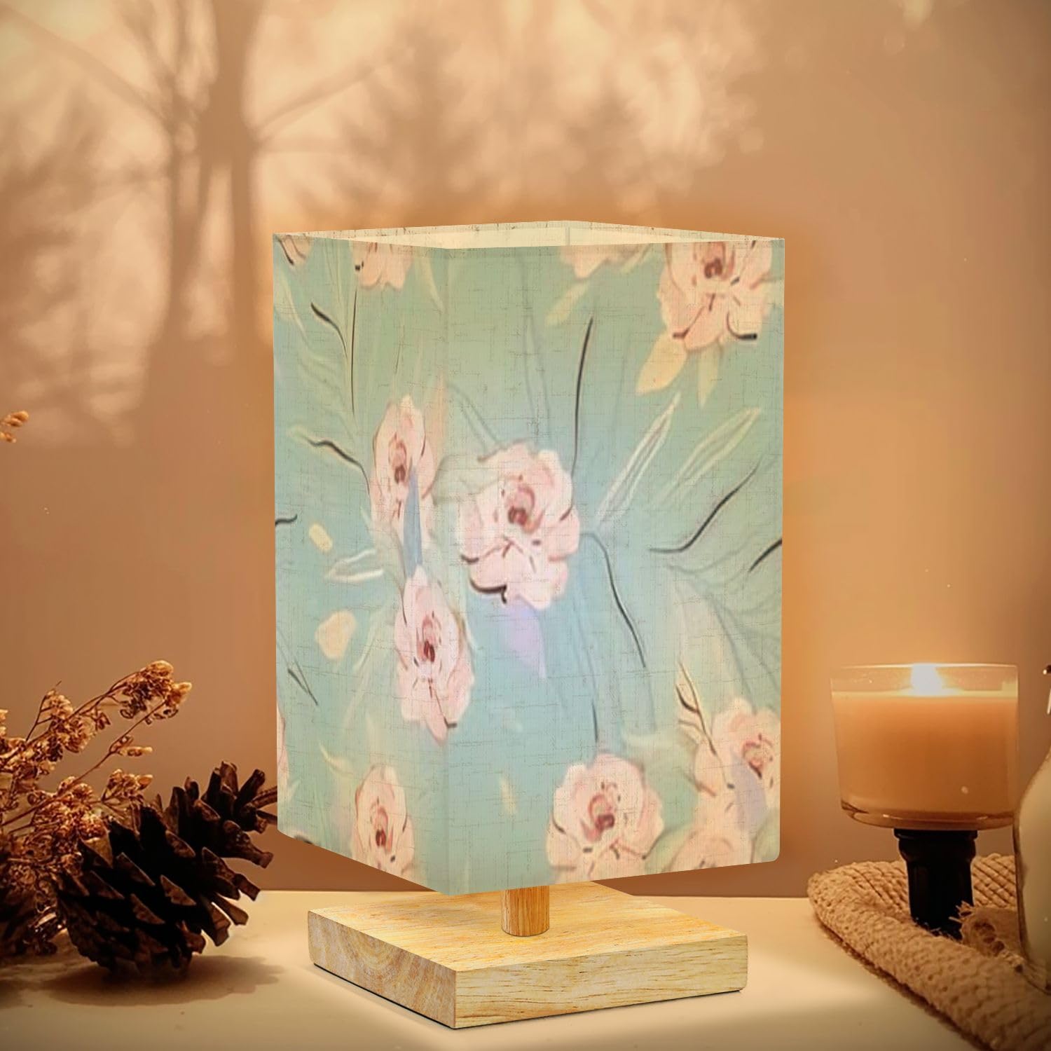 Lasenlanp Bedside Table Lamp Feminine Floral Seamless Pattern Fashionable For Dimmable Minimalist Nightstand Lamp Square Wood Base Flaxen Fabric Shade Desk Lamps For Bedroom Living Room