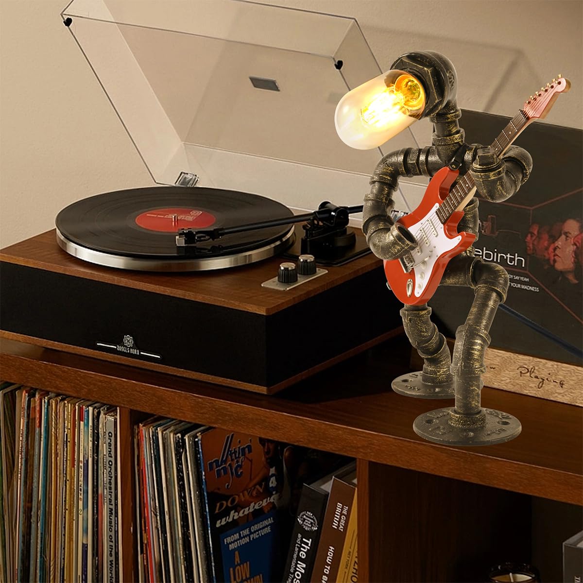 Efaycrr Steampunk Table Lamp With Mini Electric Guitar, Cool For Music Lovers, Creative Steampunk Lamp Electric Guitar Table Lamp Decor Retro Light Industrial Robot Light