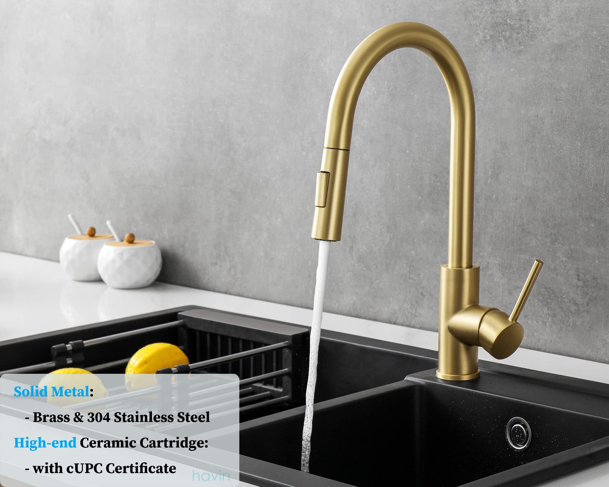 Havin Gold Kitchen Faucet With Pull Down Sprayer, High Arc Stainless Steel Material, With Cupc Ceramic Cartridge,Without Deck Plate,Fit For 1 Hole Kitchen Sink Or Laundry Sink,Brushed Gold,Hv501G