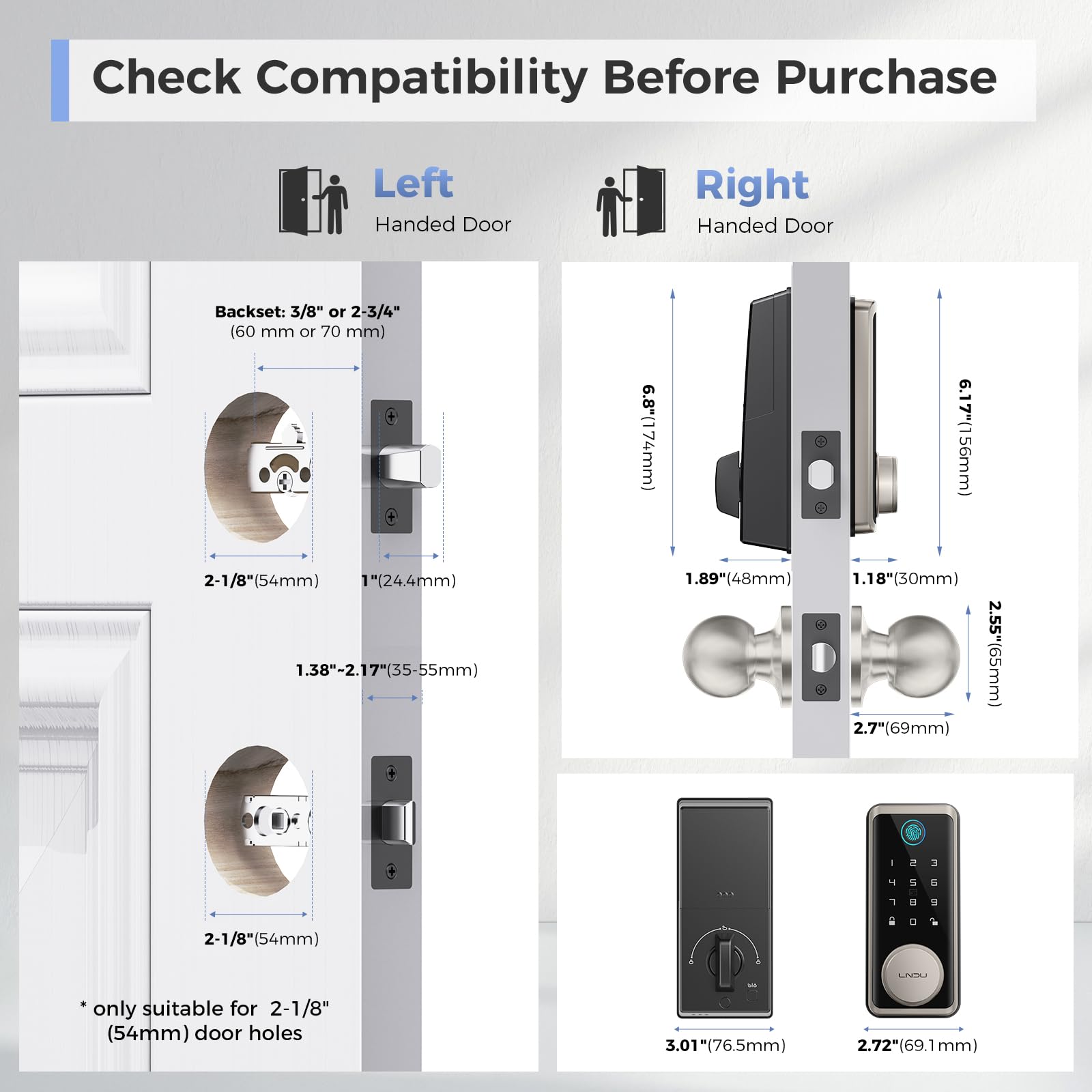 Lndu Wifi Keyless Entry Door Lock Deadbolt With Handle Set: App Remote Control Fingerprint Front Door Lock Set, Smart Deadbolt Locks For Front Door With Gateway Bridge, Fob Unlock, Auto Lock