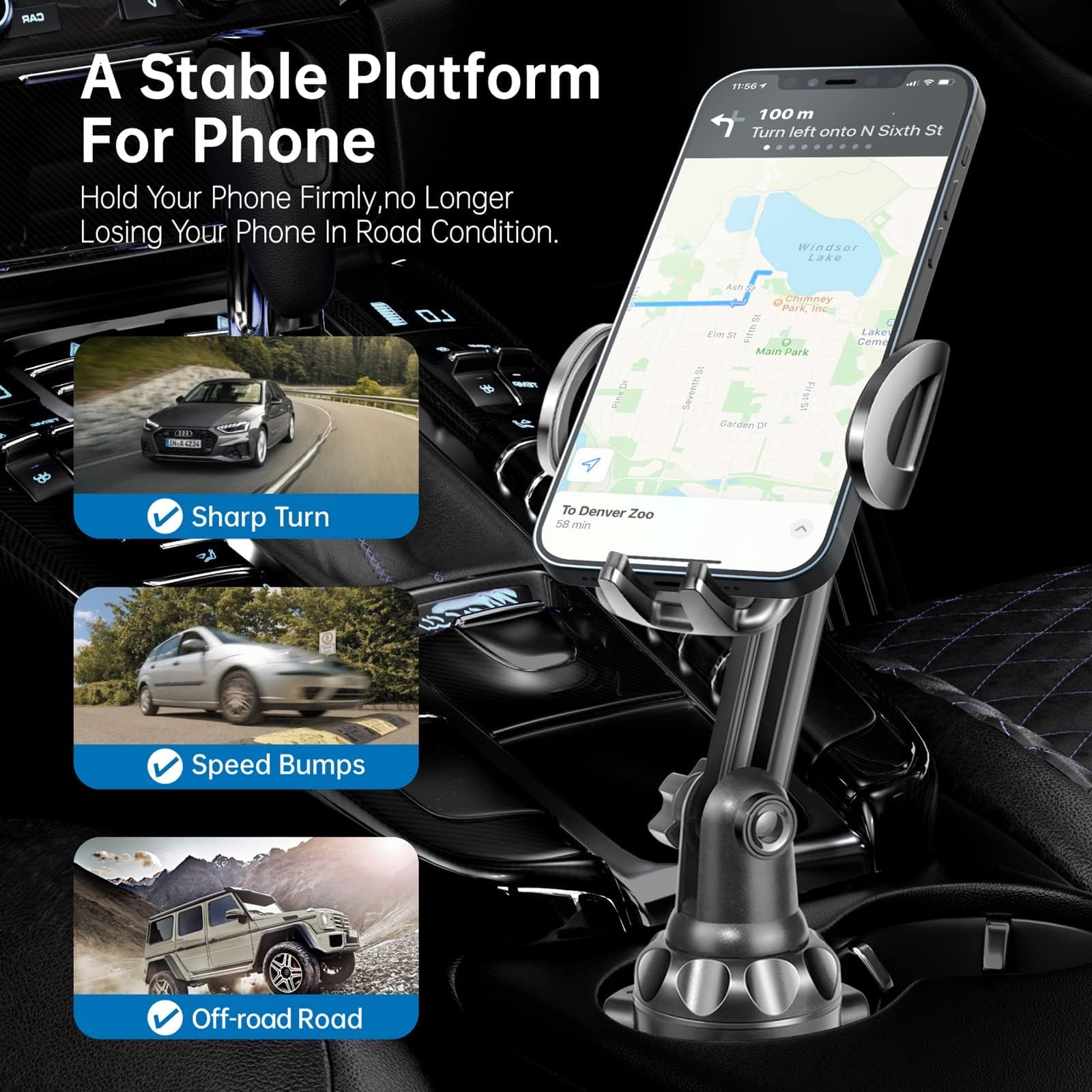 Topgo Cup Phone Holder For Car, [No Shaking & Stable & Adjustable Pole] Car Cup Phone Mount, Compatible With Iphone 16 And All 4.0-7.0 Inches Smartphones - Black
