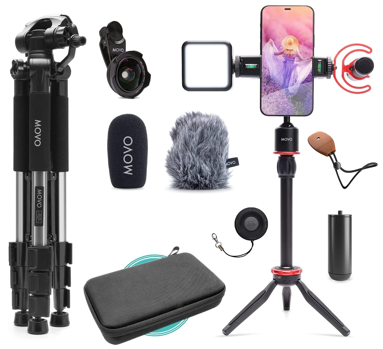 Movo Ivlog1 Smartphone Video Vlogging Bundle With Supercardioid Microphone, Mini And Fullsize Tripods, Led Camera Light, Wide-Angle Lens External Microphone For Iphone And Android…