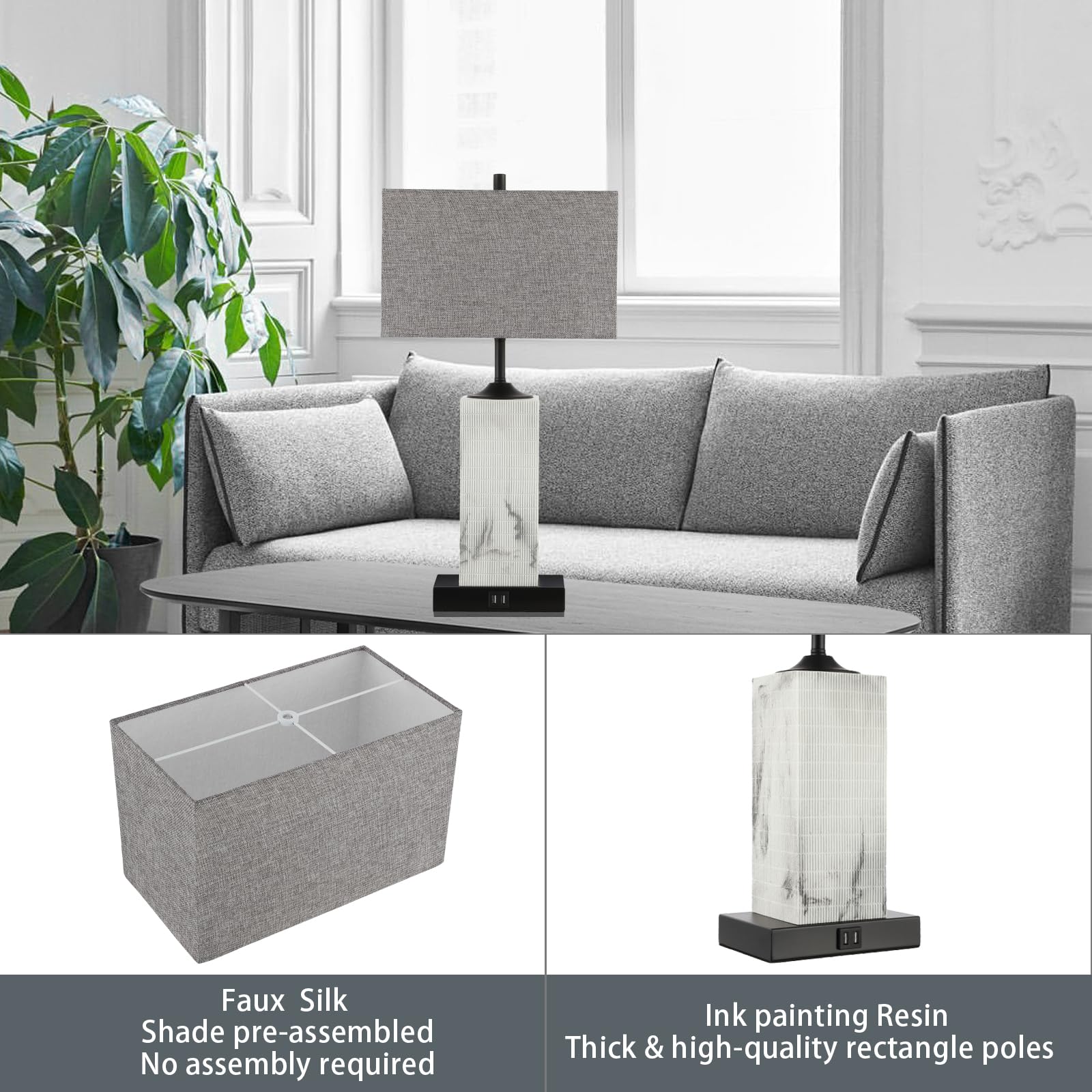 Vuaa Table Lamps For Living Room Set Of 2, Modern Bedside Lamps With Dual Usb Ports For Bedroom Nightstand, Large End Table Lamps With Grey Fabric Shades Minimalist Decor Marble Finish
