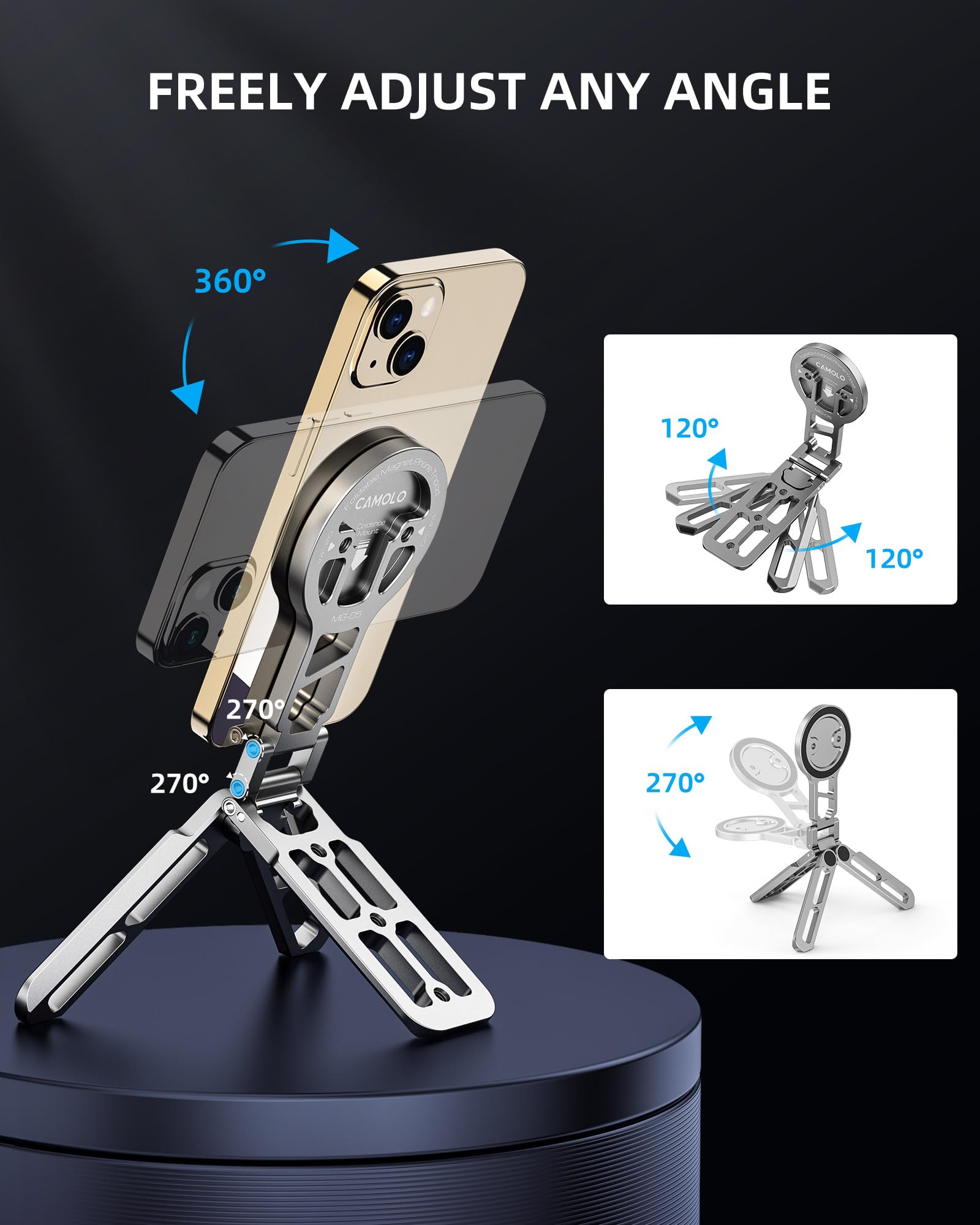 Camolo Magsafe Tripod, Foldable Phone Holder, Desk Stand, Arca-Swiss & Cold Shoe Mount For Iphone 16/15/14/13/12, Video & Travel