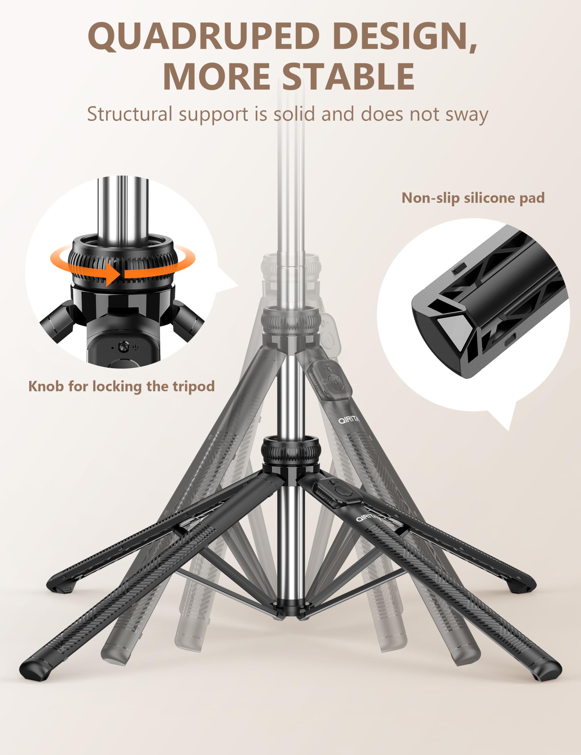 Qirita 71" Quadrapod, All In One Selfie Stick Tripod With Remote & Phone Holder, Extendable Cell Phone Tripod With 1/4" Screw, Travel Tripod Stand For Cell Phone & Camera Compatible With Iphone, Android
