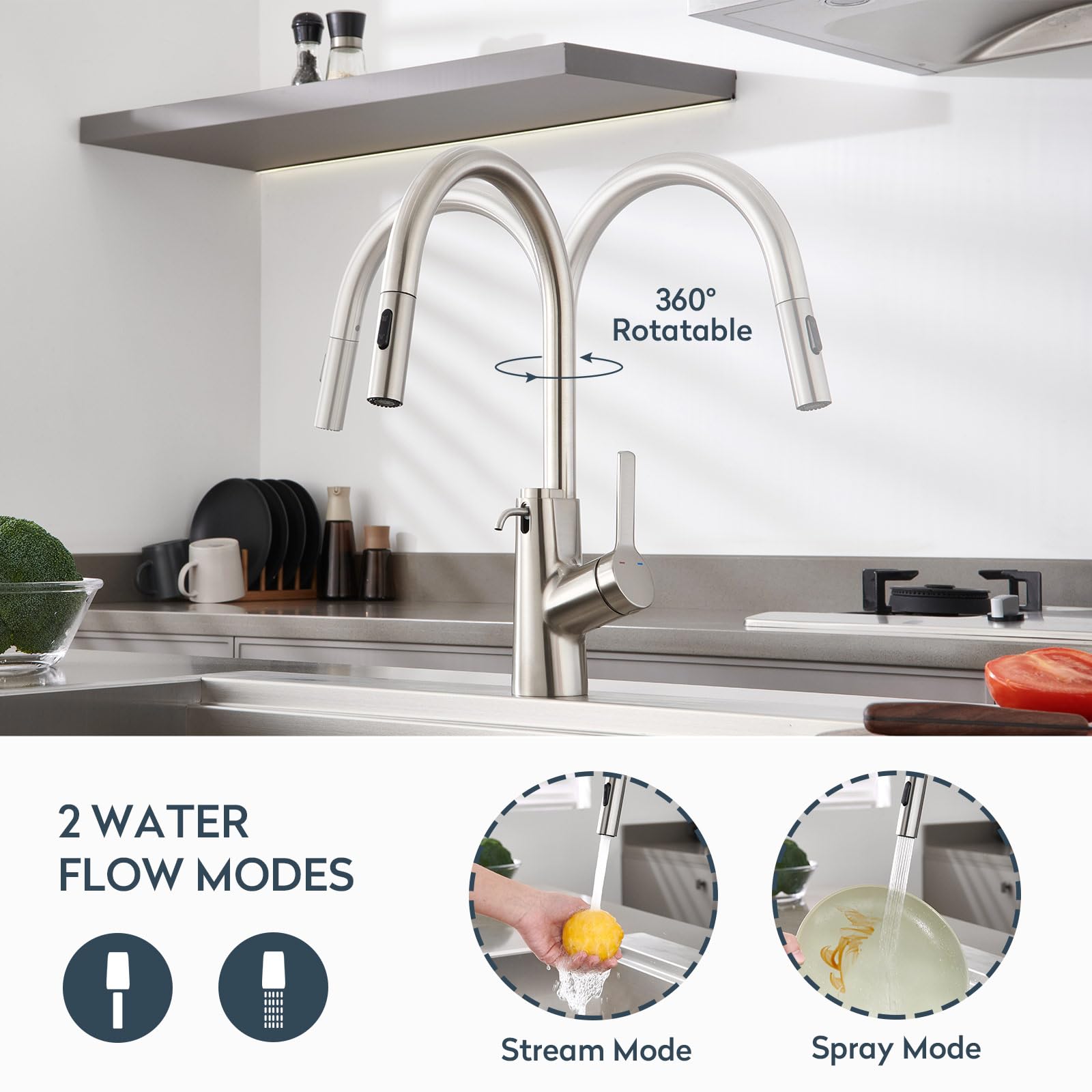 Aktines Kitchen Faucet With Built-In Soap Dispenser And Pull Down Sprayer, High Arc Stainless Steel Faucet For Kitchen, Wet Bar, Laundry, Outdoor, Or Rv Sinks, Brushed Stainless