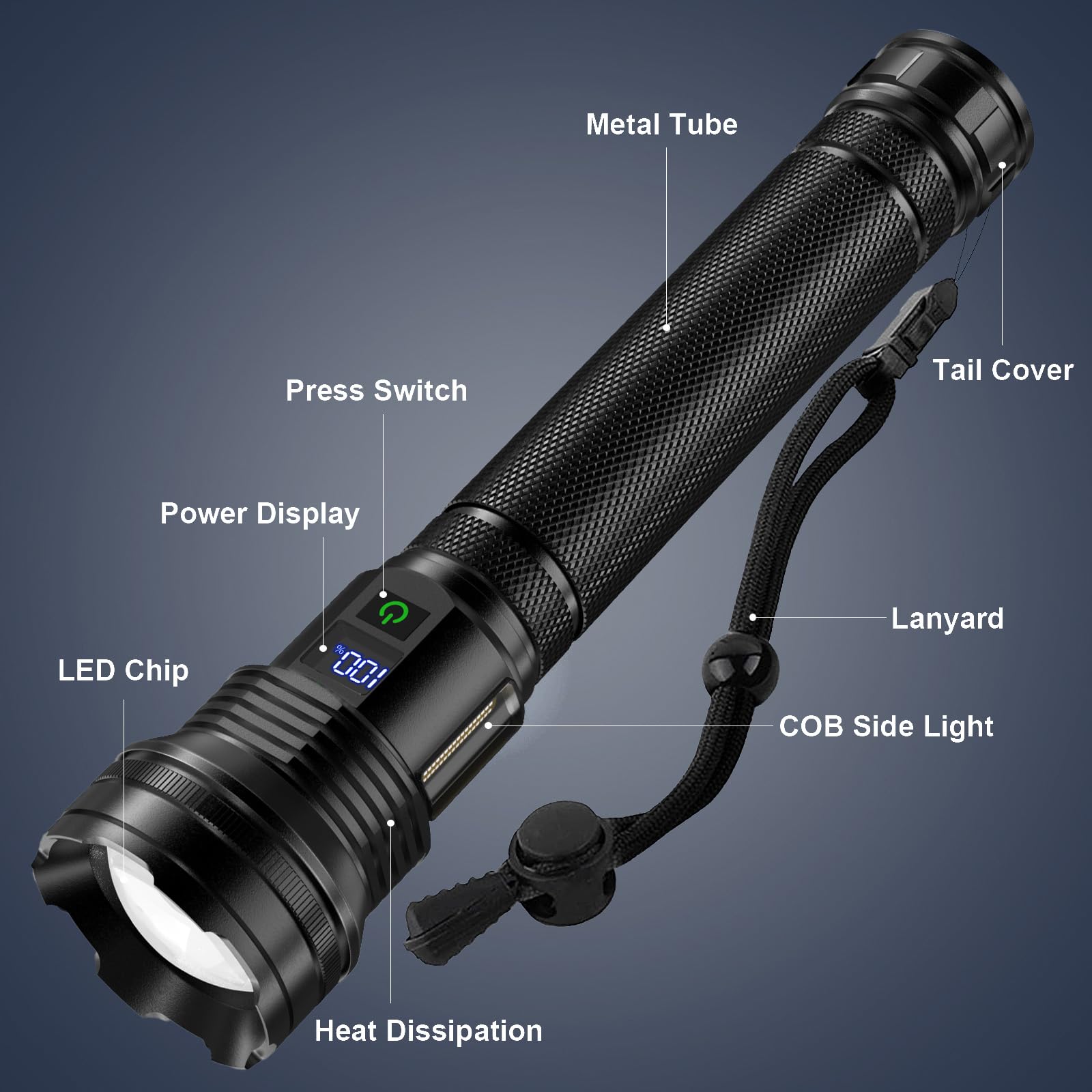Kzk Rechargeable Led Flashlights High Lumens,990000 Lumens Super Bright Flashlight, With Cob Work Light & 10 Modes, Ipx67 Waterproof Handheld Flashlight, For Camping Emergencies Hiking Night Work
